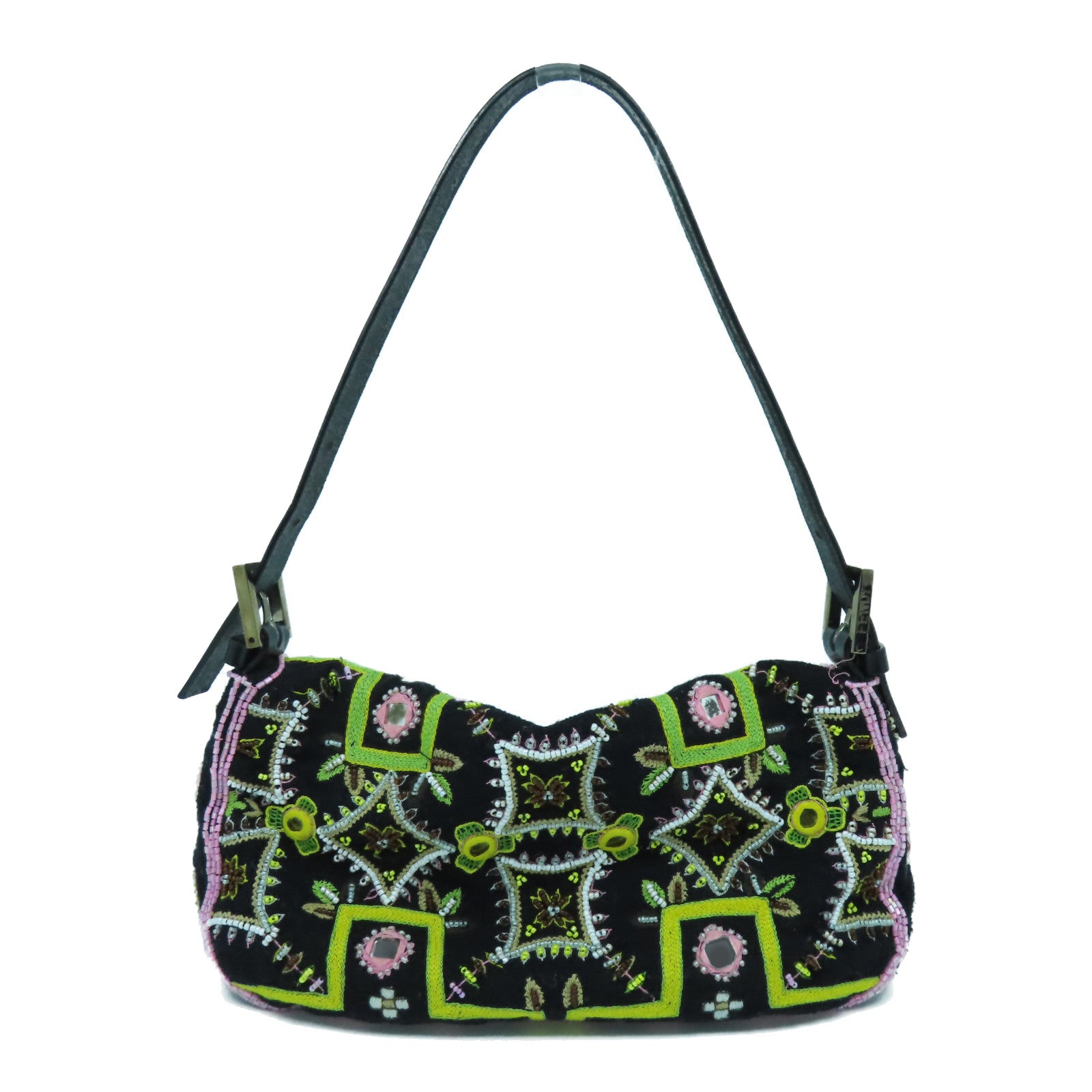 FENDI 帆布/珠子Shoulder Bag金扣/銀扣肩背袋黑色/綠色