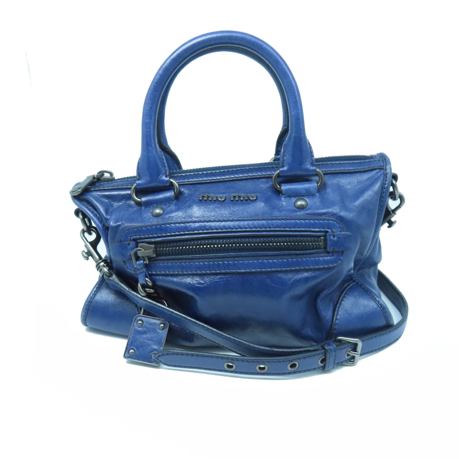 Miu Miu Cowhide Leather 2 Way Shoulder Handle Shoulder Bag Dark Blue