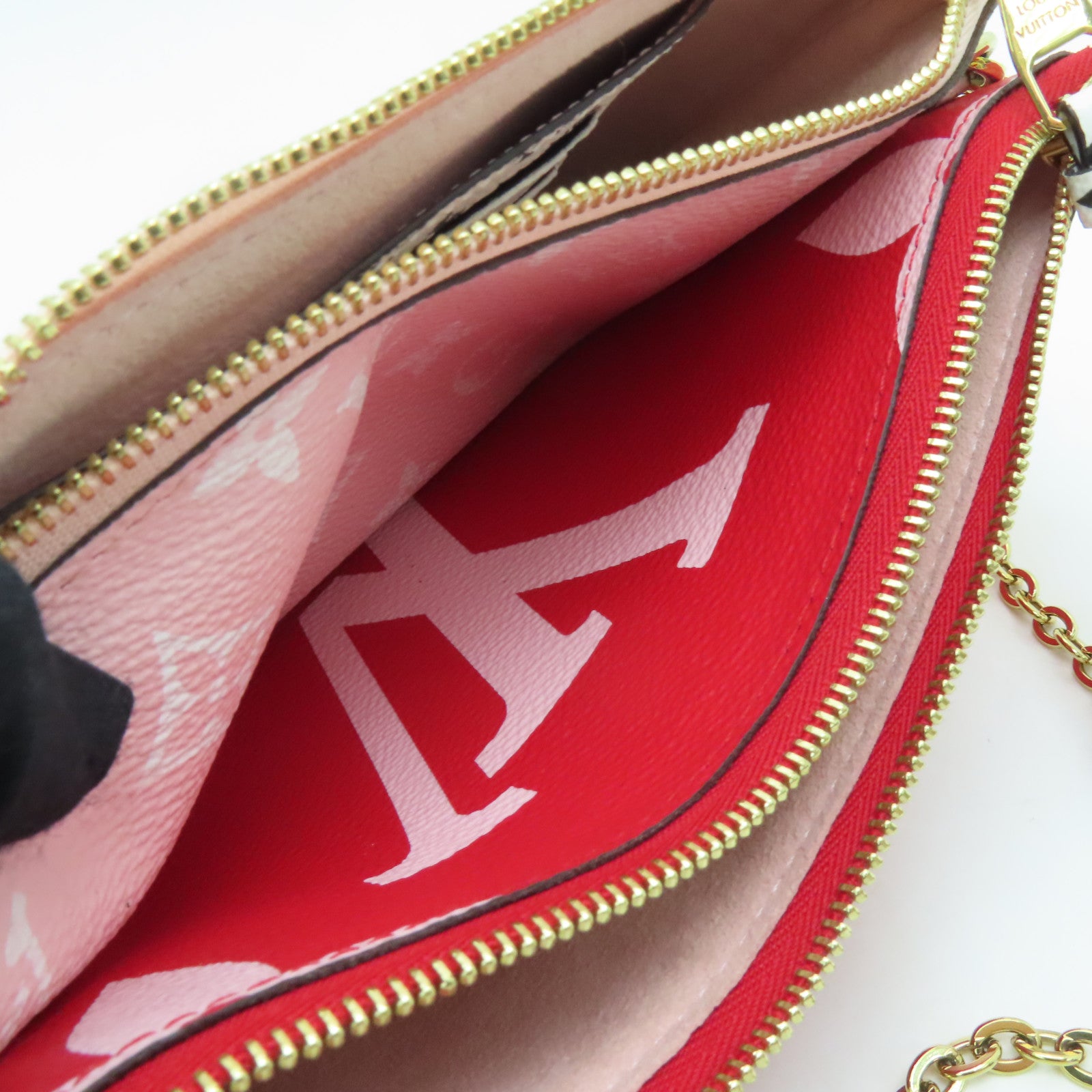 LOUIS VUITTON Monogram Giant Pochette Double Zip金扣鏈帶肩背袋紅色/粉紅色