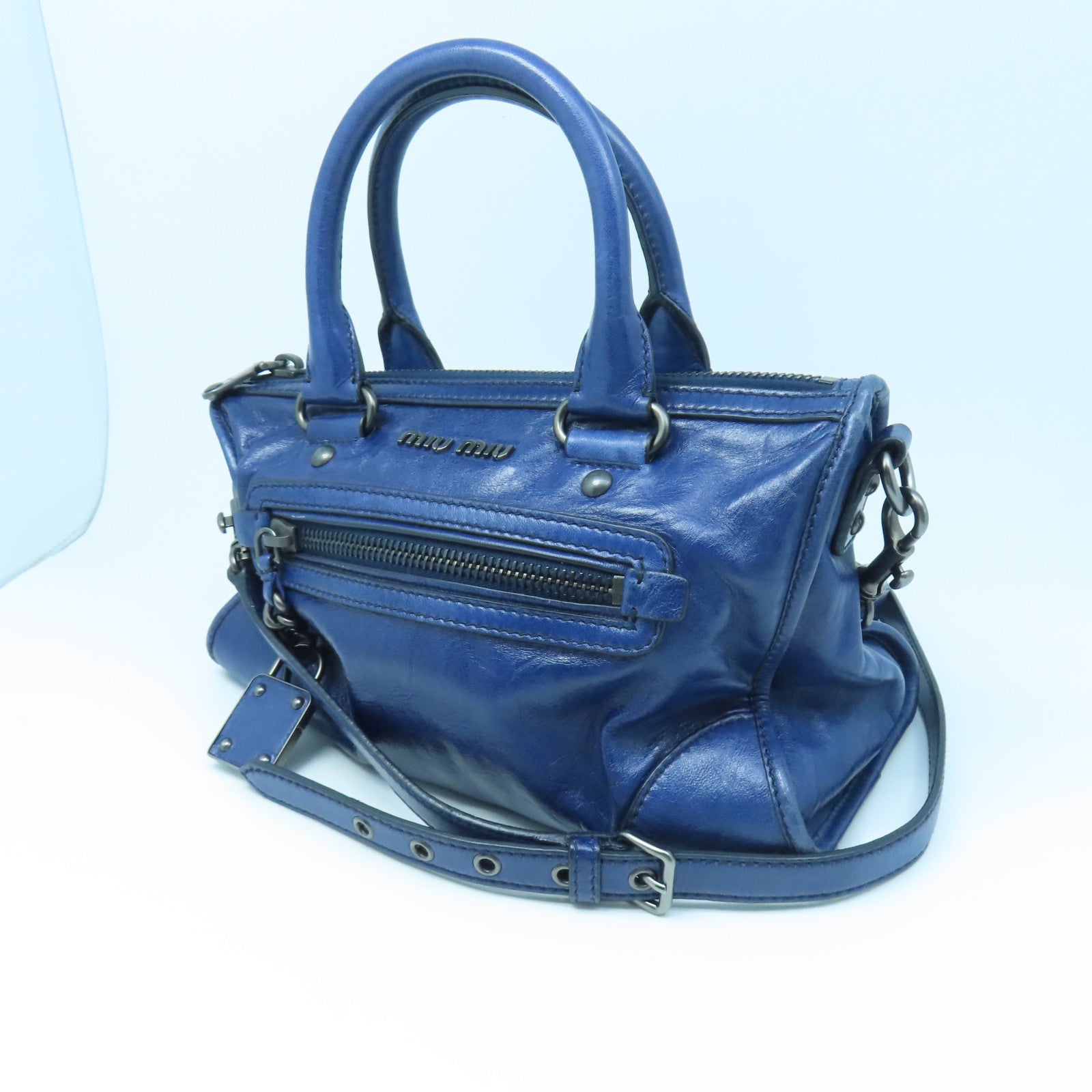 Miu Miu Cowhide Leather 2 Way Shoulder Handle Shoulder Bag Dark Blue