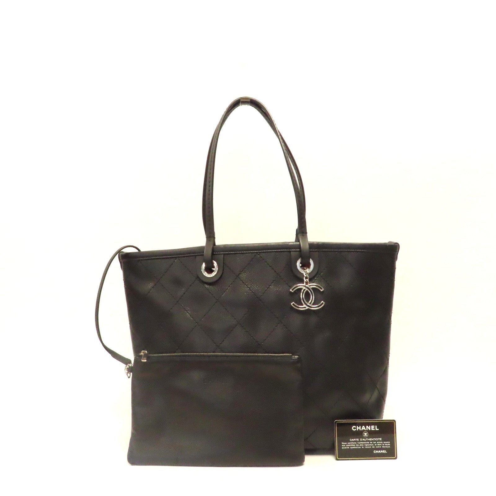CHANEL 菱格牛皮皮革Tote Bag銀扣手挽袋黑色