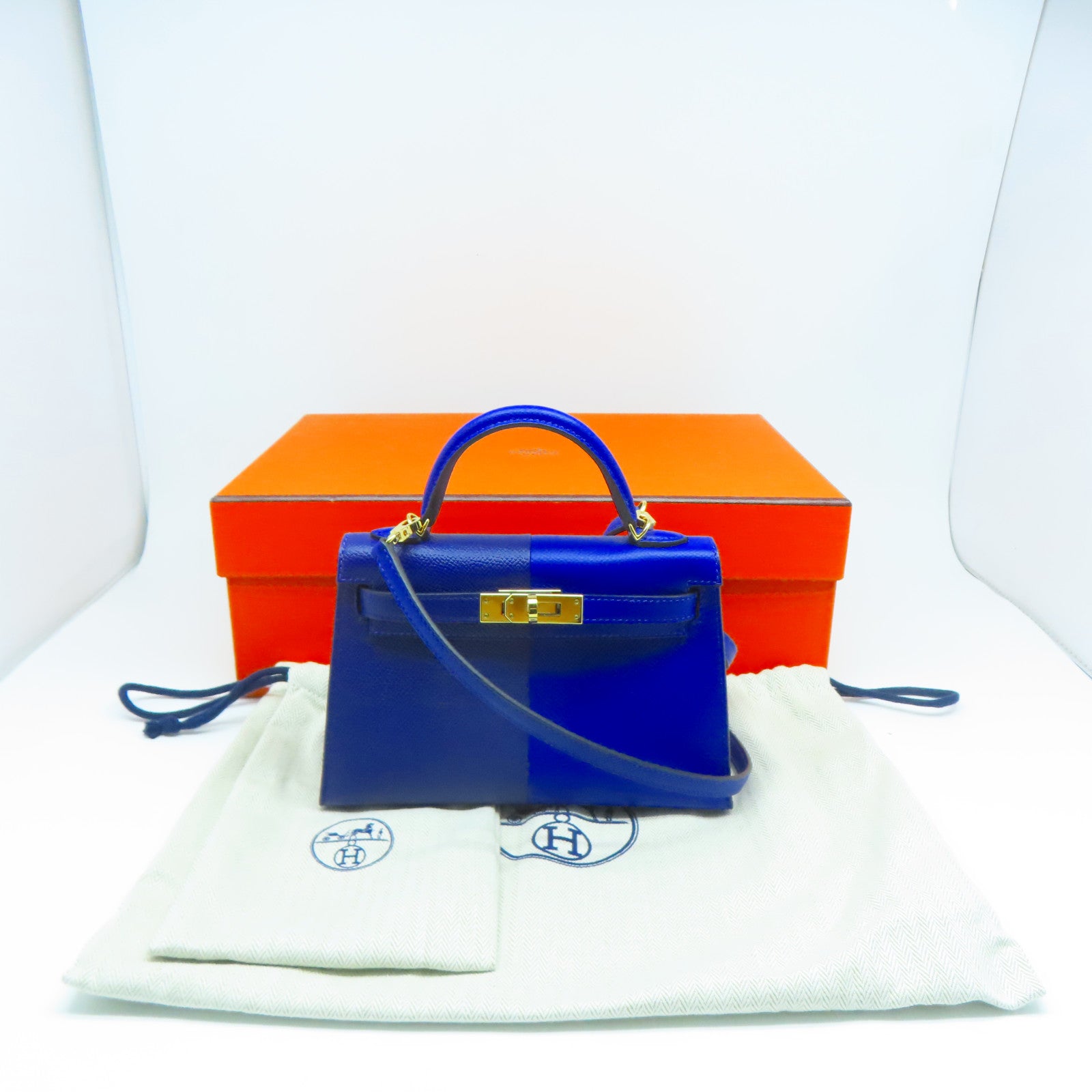 HERMES Epsom皮革Mini Kelly金扣手挽肩背兩用袋藍色