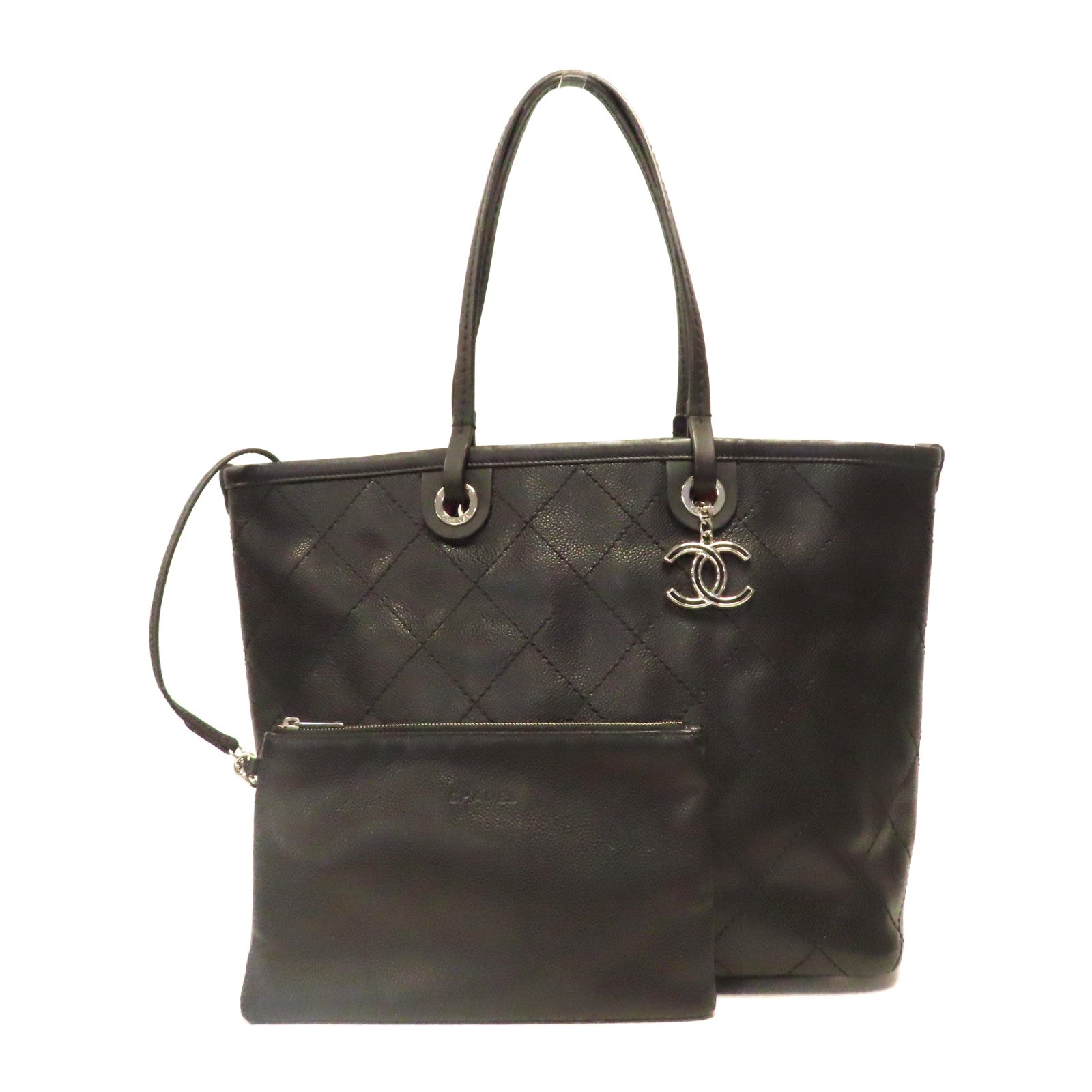 CHANEL 菱格牛皮皮革Tote Bag銀扣手挽袋黑色