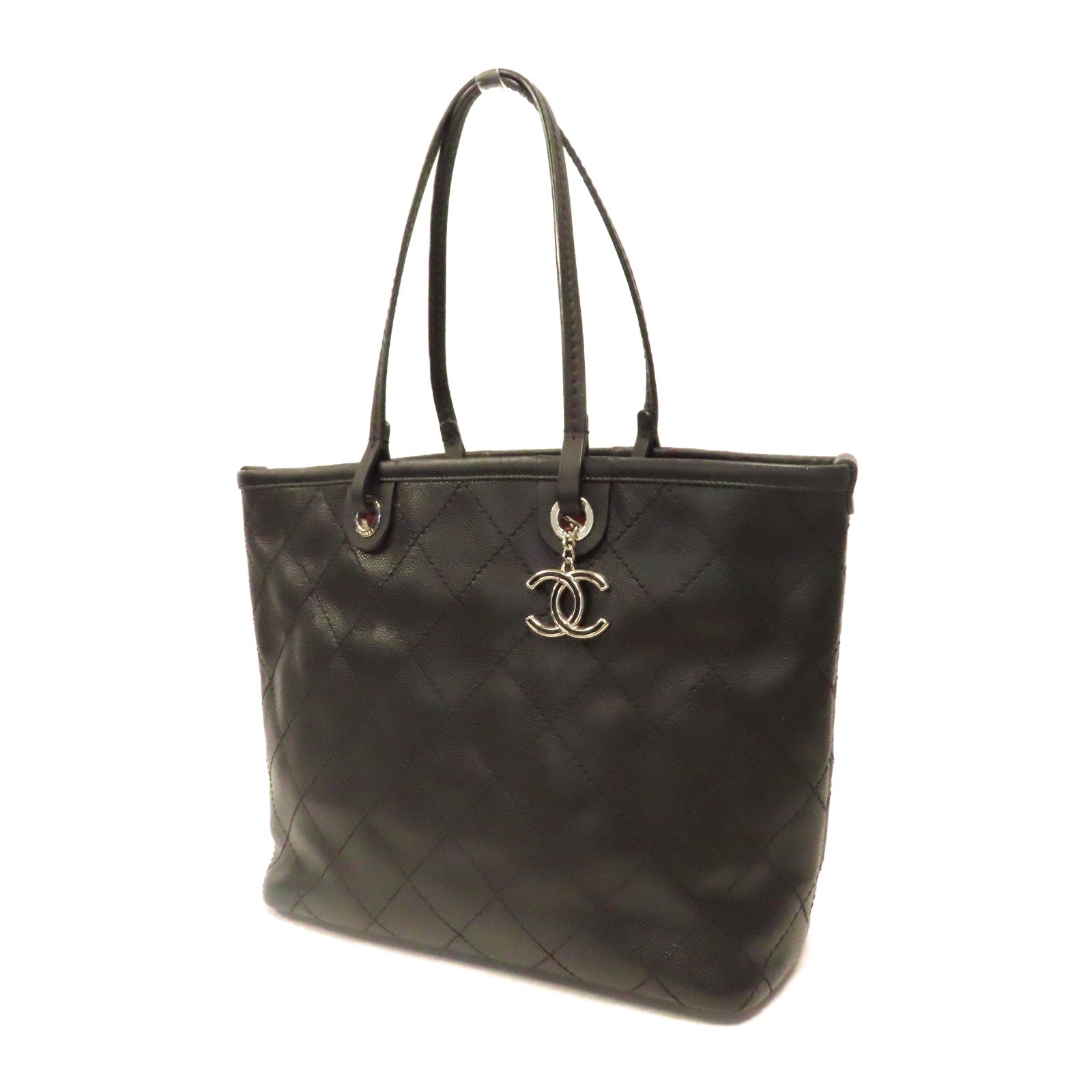 CHANEL 菱格牛皮皮革Tote Bag銀扣手挽袋黑色