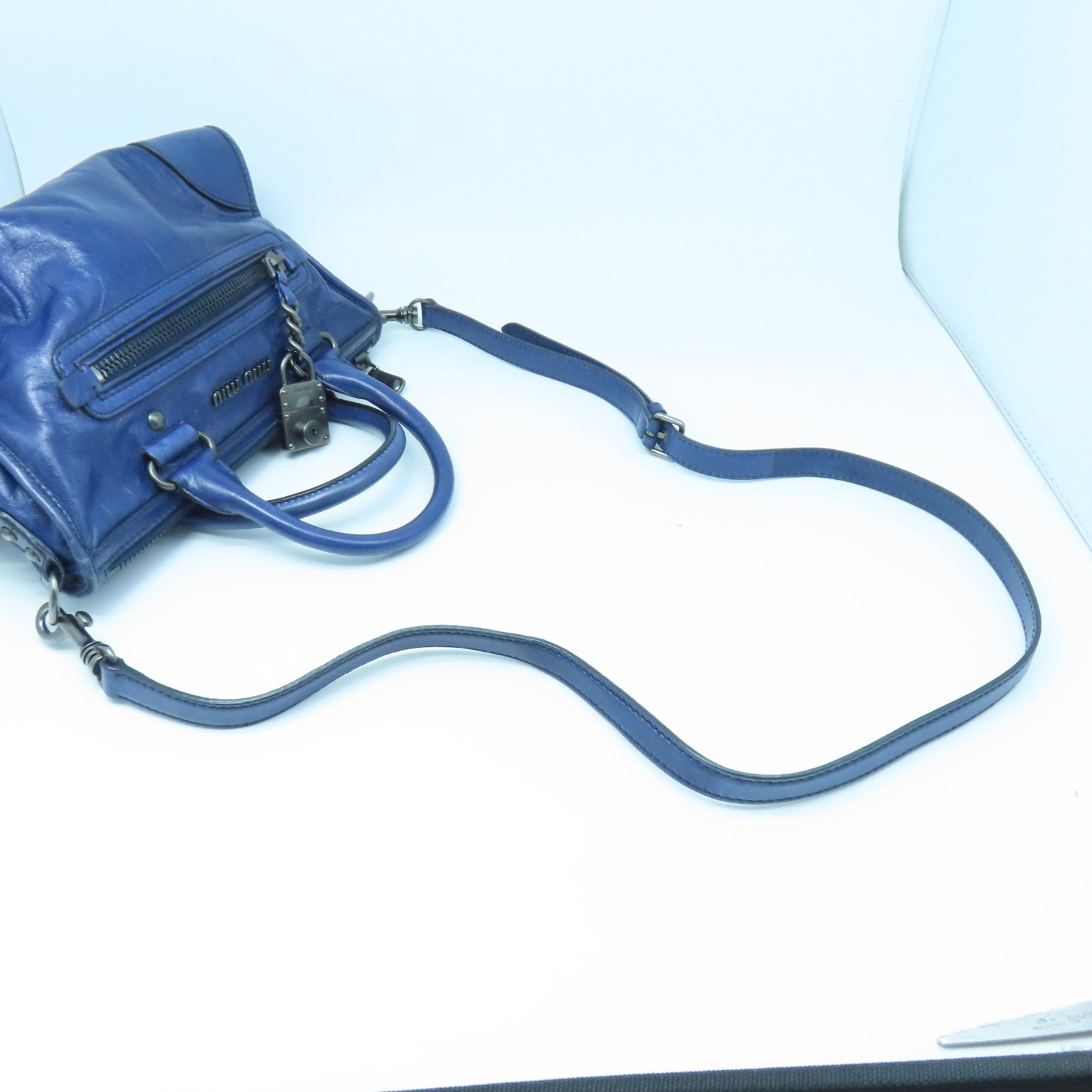 Miu Miu Cowhide Leather 2 Way Shoulder Handle Shoulder Bag Dark Blue