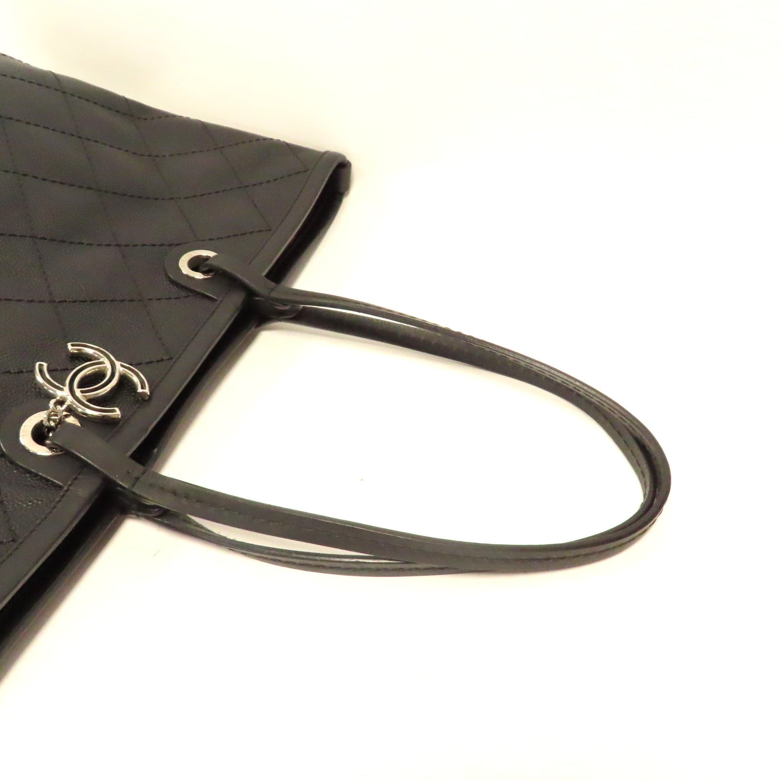 CHANEL 菱格牛皮皮革Tote Bag銀扣手挽袋黑色
