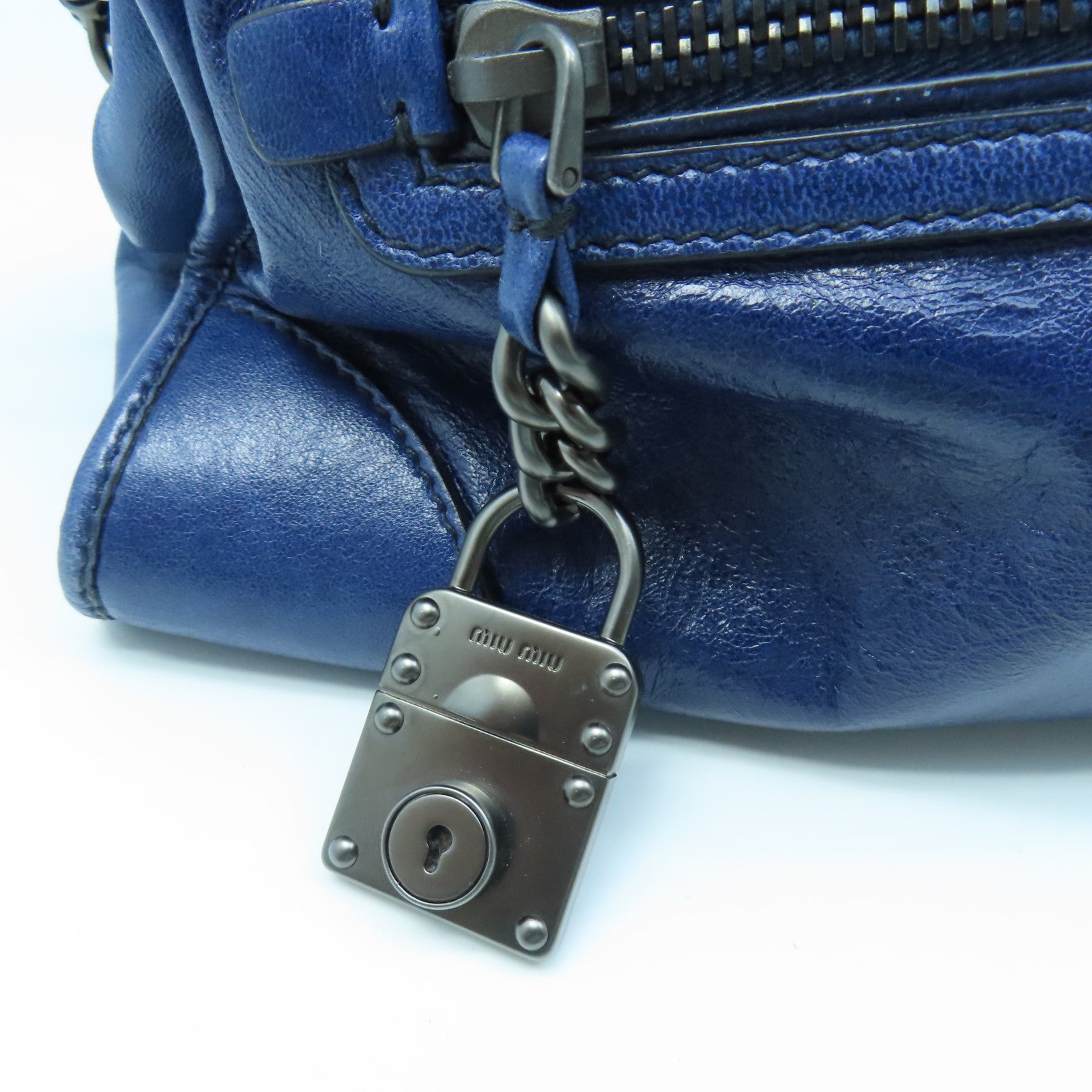 Miu Miu Cowhide Leather 2 Way Shoulder Handle Shoulder Bag Dark Blue