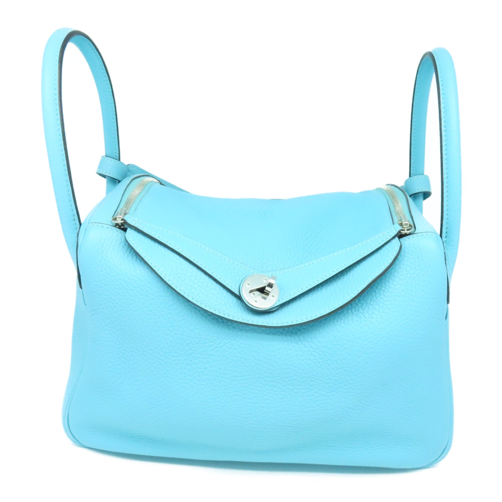 HERMES Clemence皮革Lindy 30银扣手挽肩背两用袋Bleu Atoll蓝色