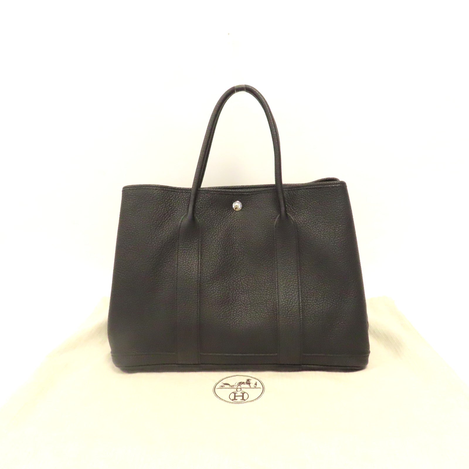 HERMES Clemence皮革Garden Party PM銀扣手挽袋黑色