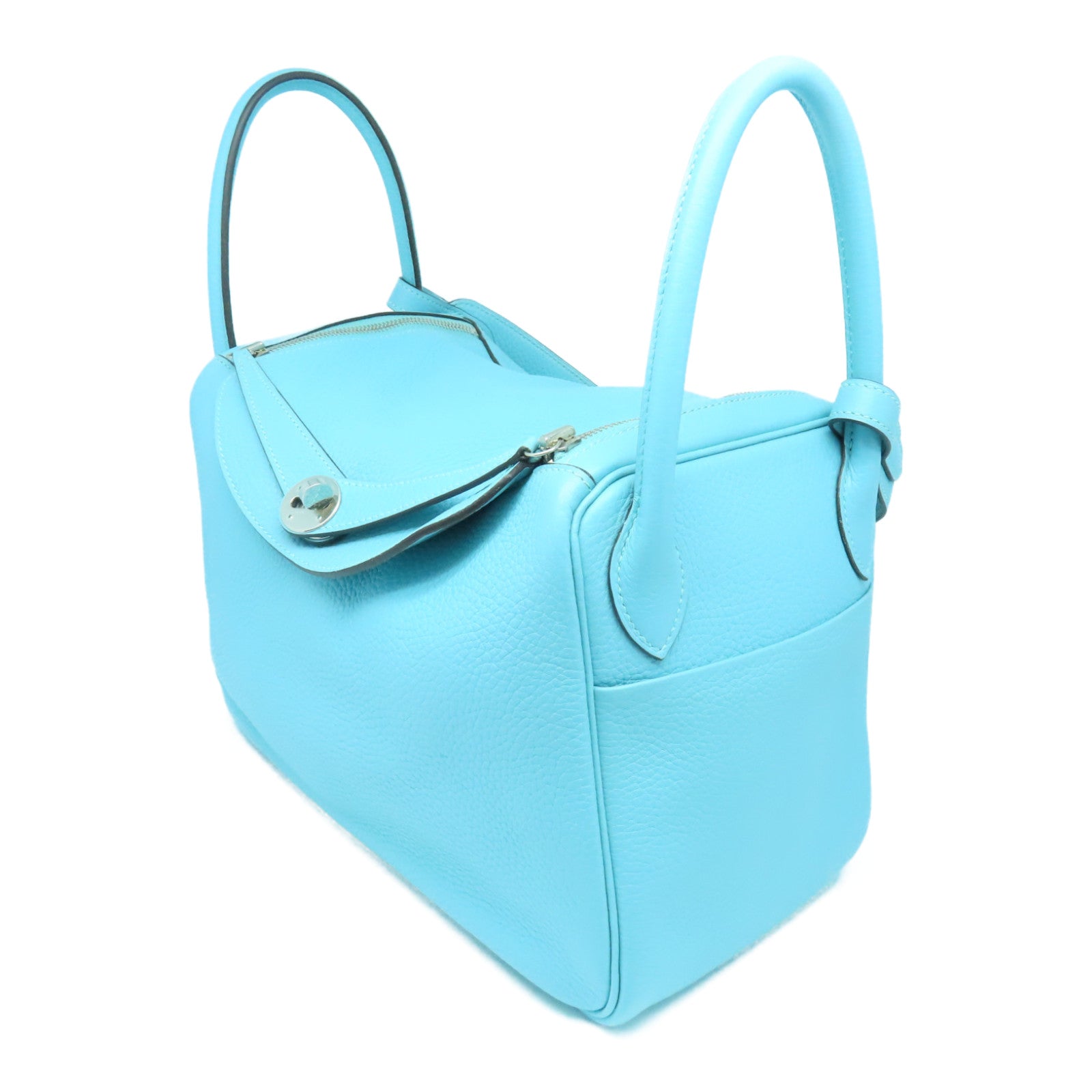 HERMES Clemence皮革Lindy 30银扣手挽肩背两用袋Bleu Atoll蓝色