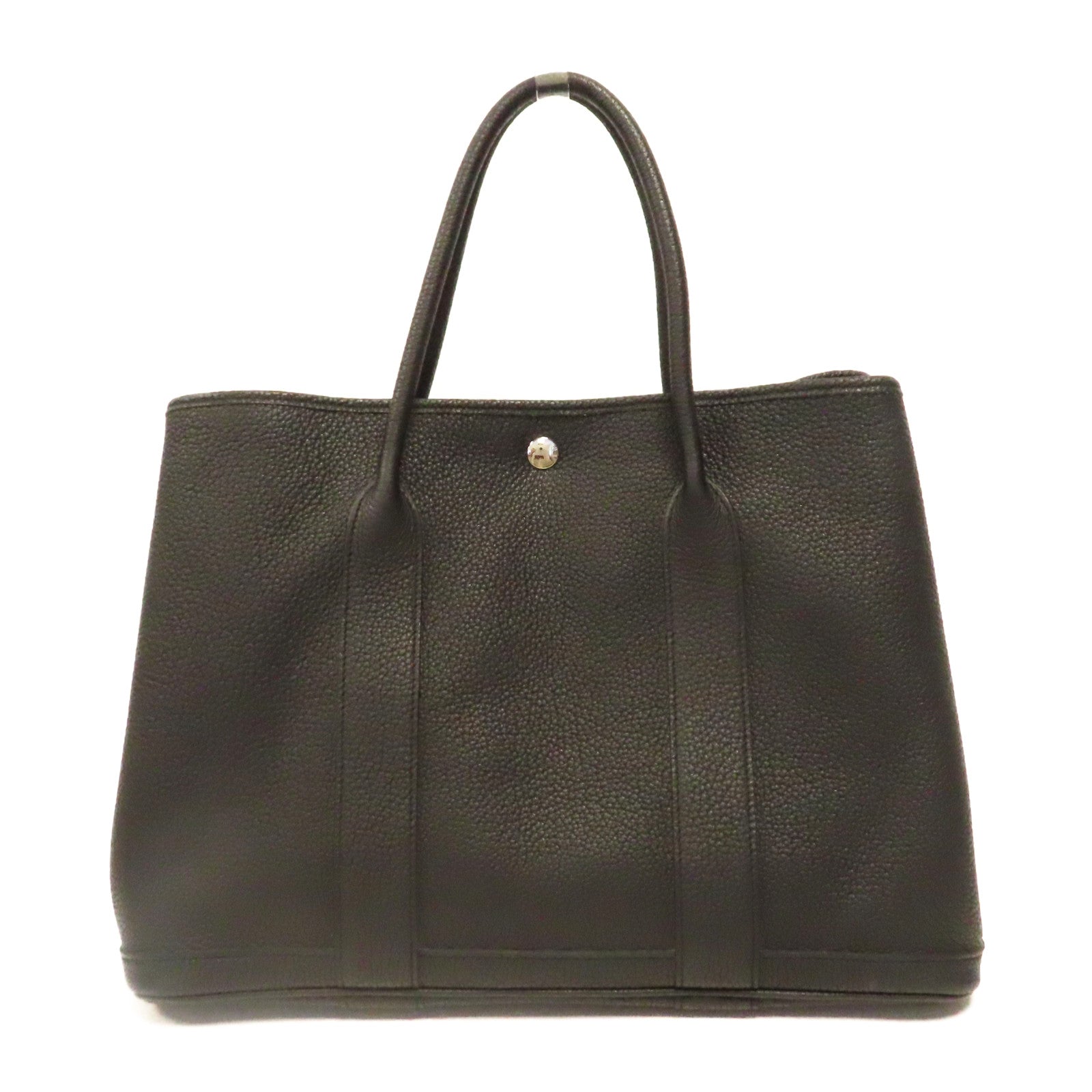 HERMES Clemence皮革Garden Party PM銀扣手挽袋黑色