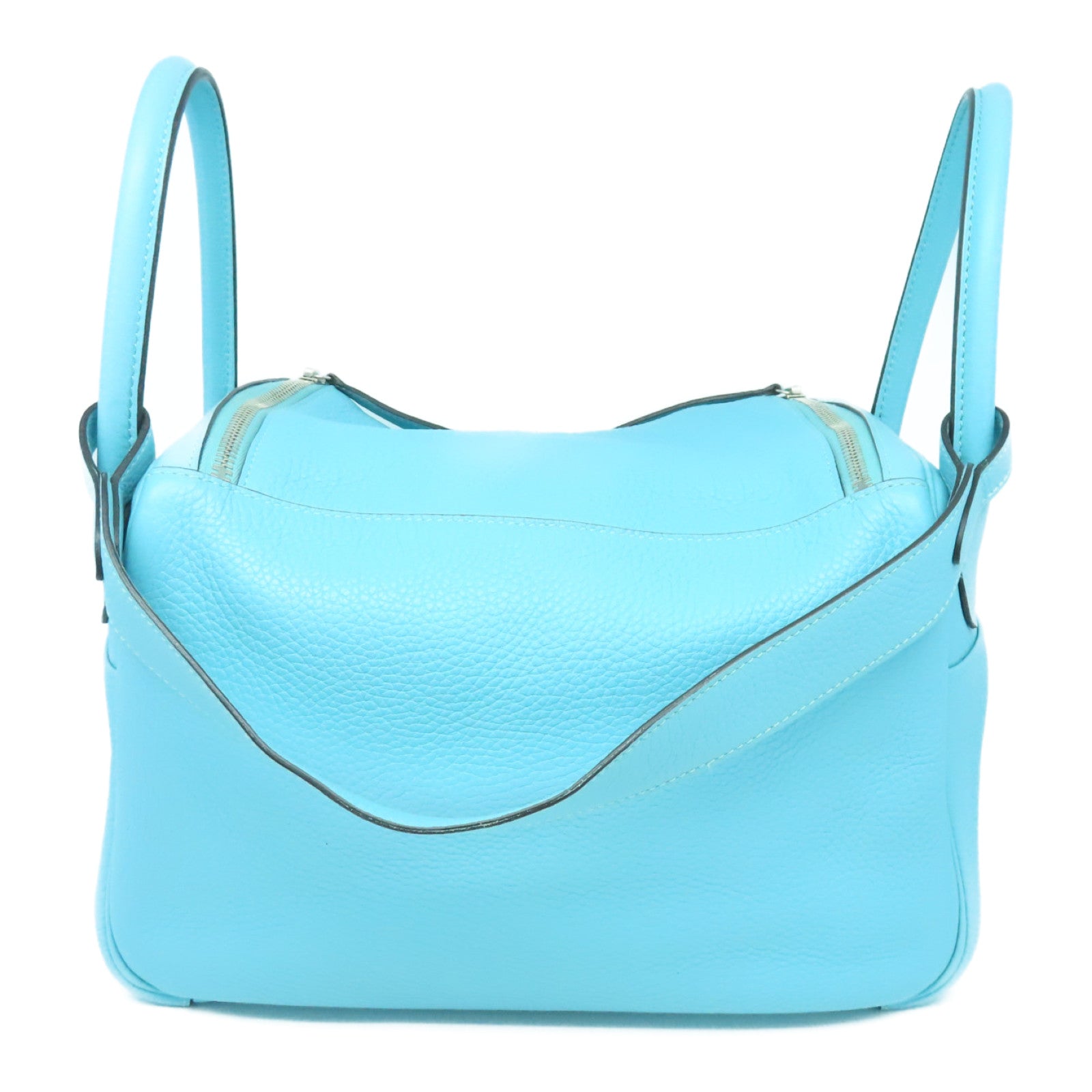 HERMES Clemence皮革Lindy 30银扣手挽肩背两用袋Bleu Atoll蓝色