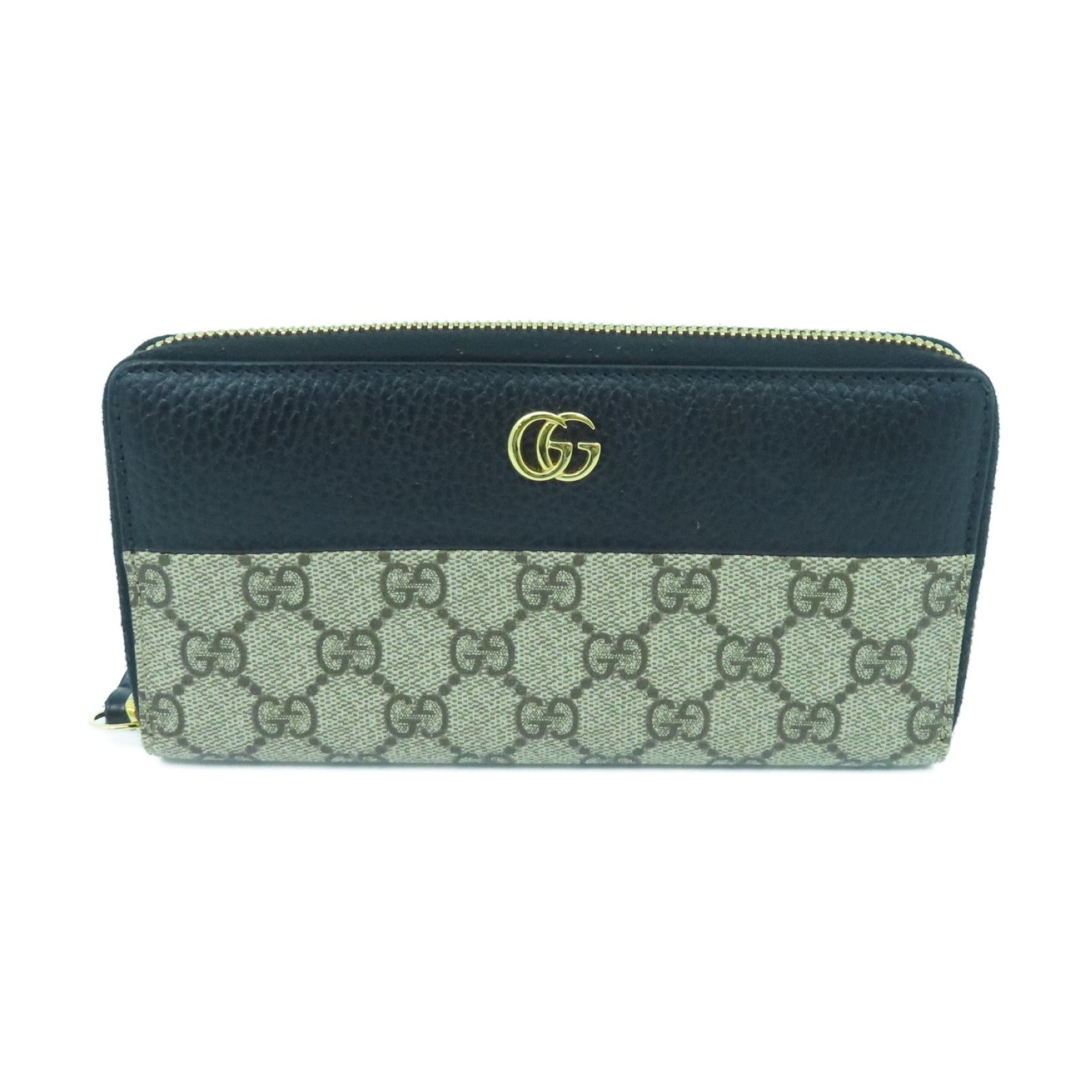 GUCCI 塗層帆布/牛皮皮革Long Wallelt金扣長錢包啡色/黑色