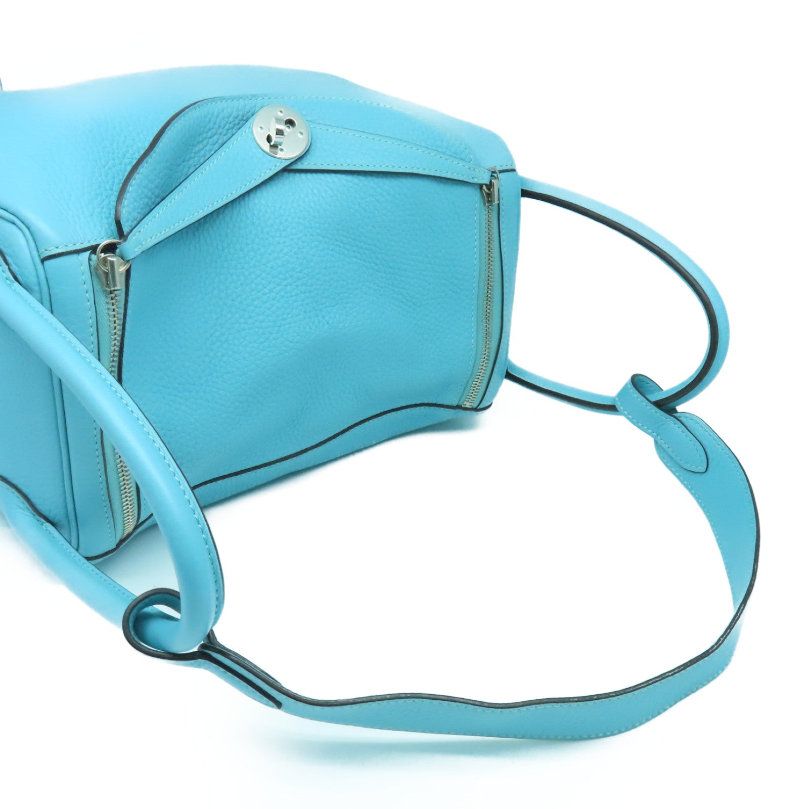 HERMES Clemence皮革Lindy 30银扣手挽肩背两用袋Bleu Atoll蓝色