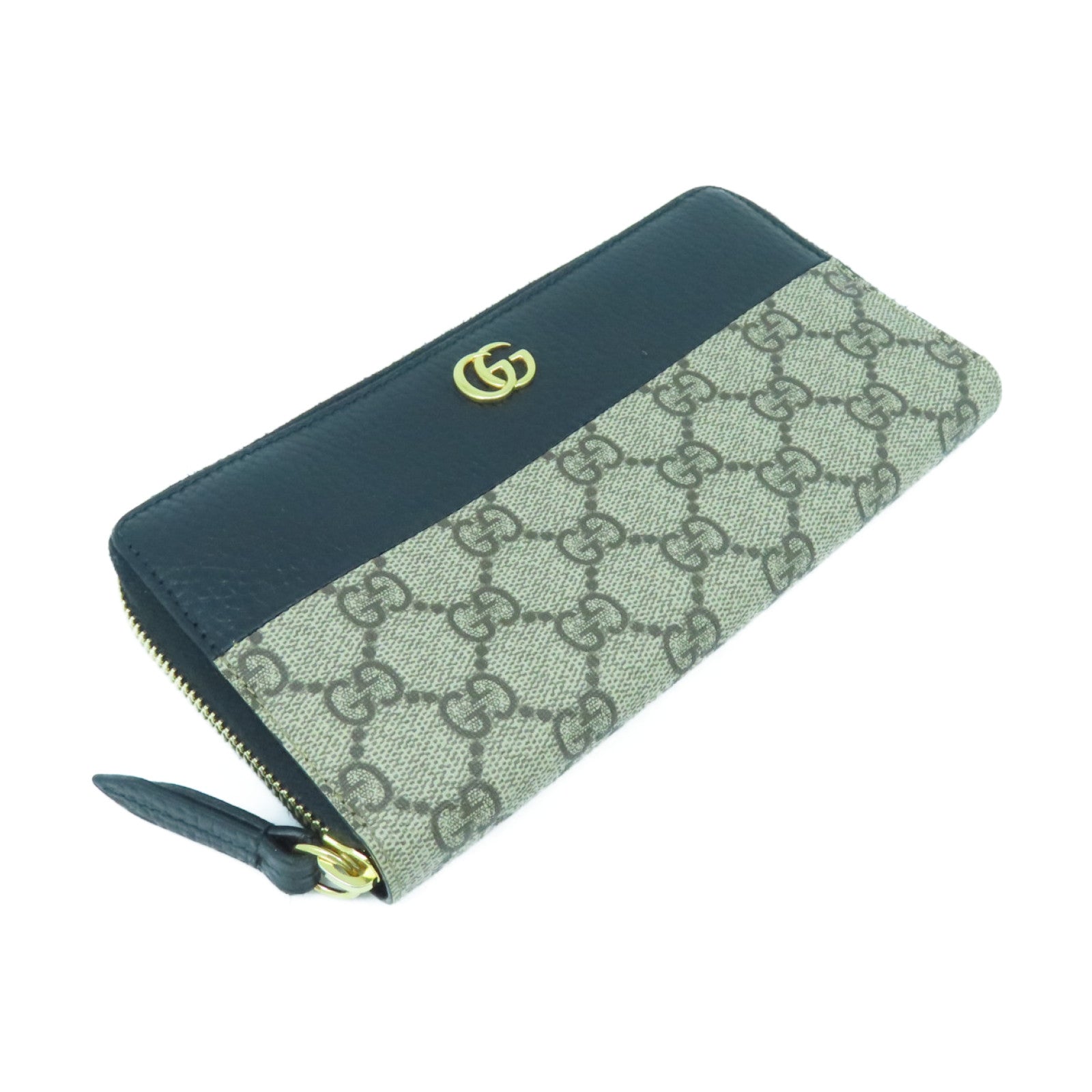 GUCCI 塗層帆布/牛皮皮革Long Wallelt金扣長錢包啡色/黑色