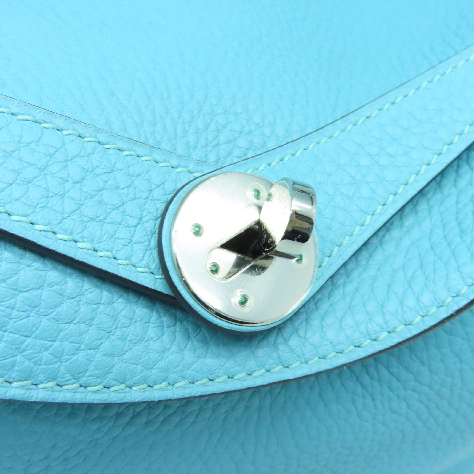 HERMES Clemence皮革Lindy 30银扣手挽肩背两用袋Bleu Atoll蓝色