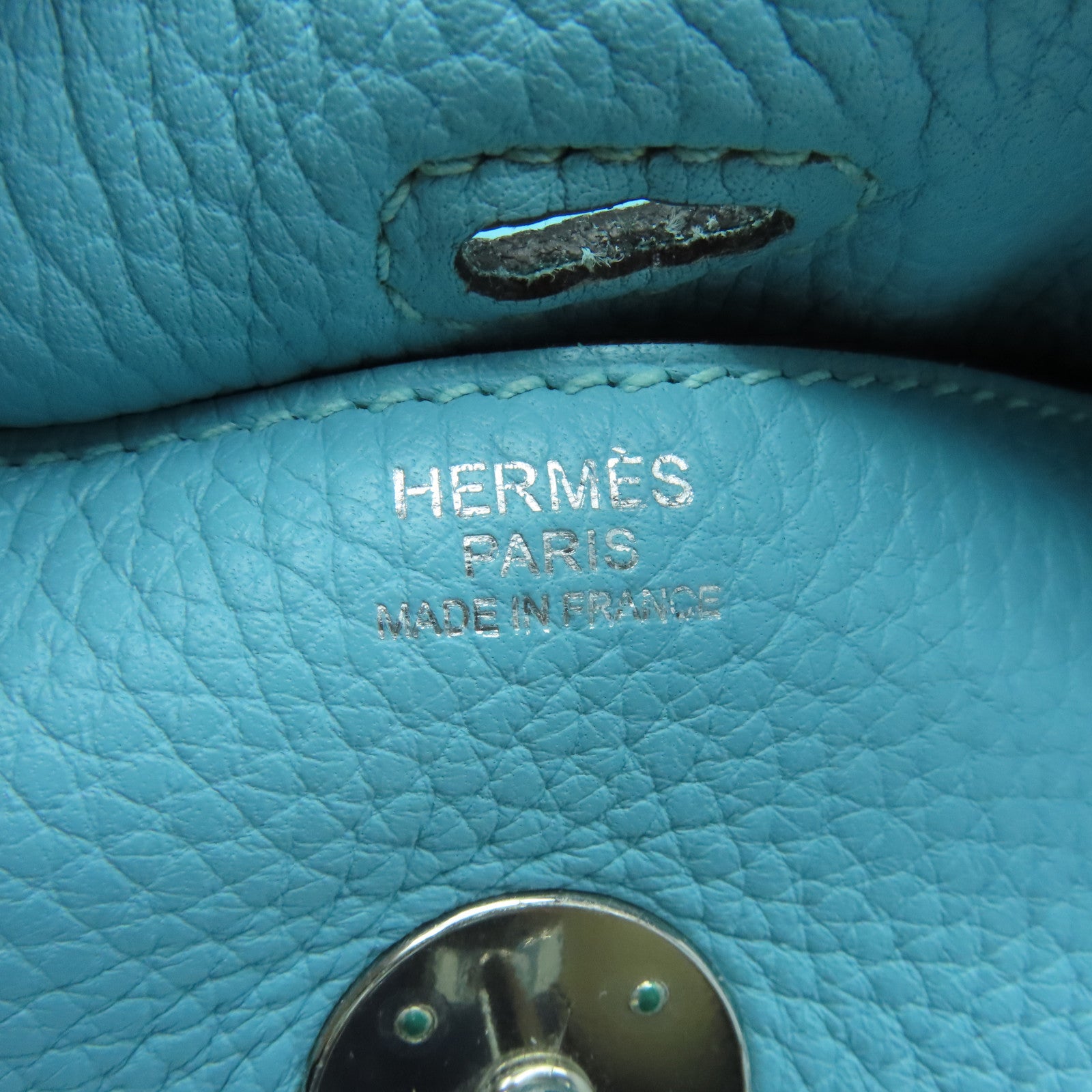 HERMES Clemence皮革Lindy 30银扣手挽肩背两用袋Bleu Atoll蓝色