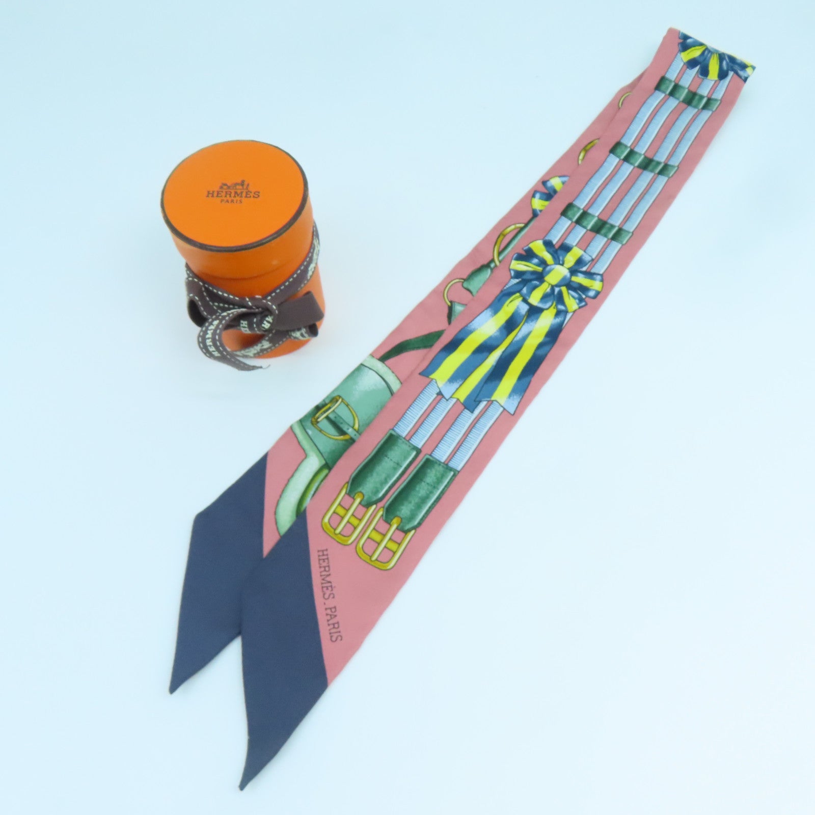 HERMES 絲質Twilly絲巾粉紅色藍色綠色
