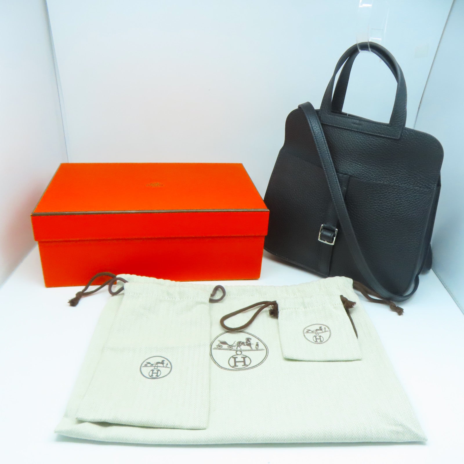 HERMES Clemence皮革Halzan 25銀扣手挽肩背兩用袋黑色