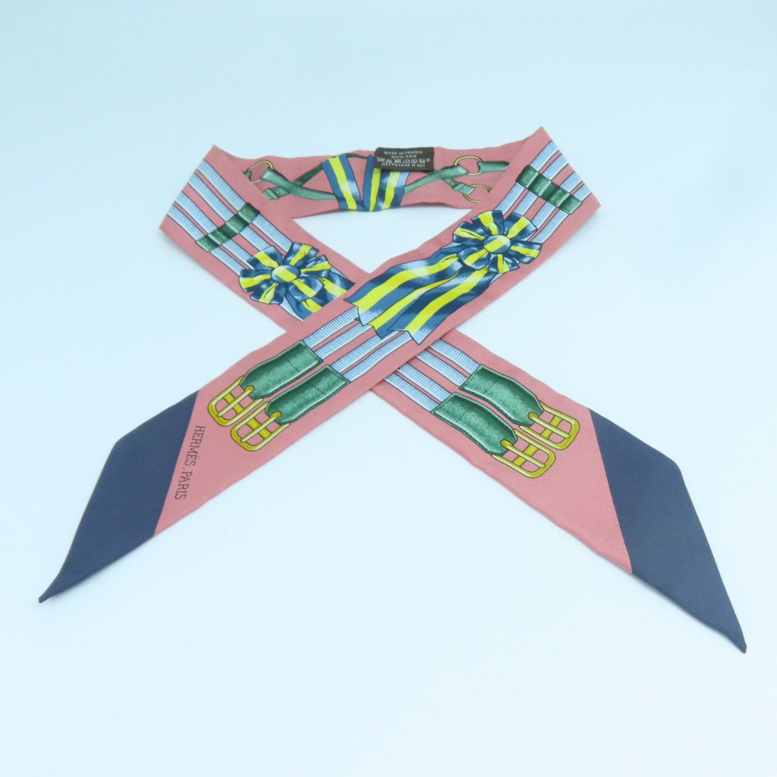 HERMES 絲質Twilly絲巾粉紅色藍色綠色