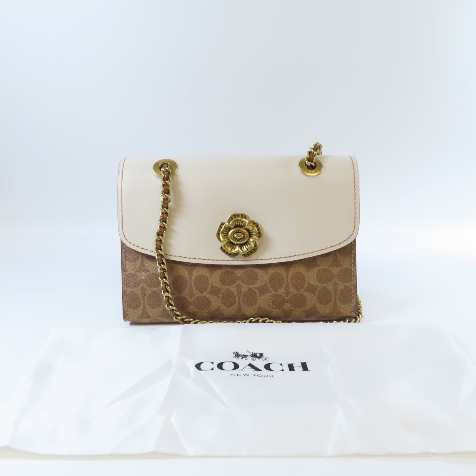 COACH 牛皮皮革/塗層帆布Chain Shoulder金扣鏈帶肩背袋白色/啡色