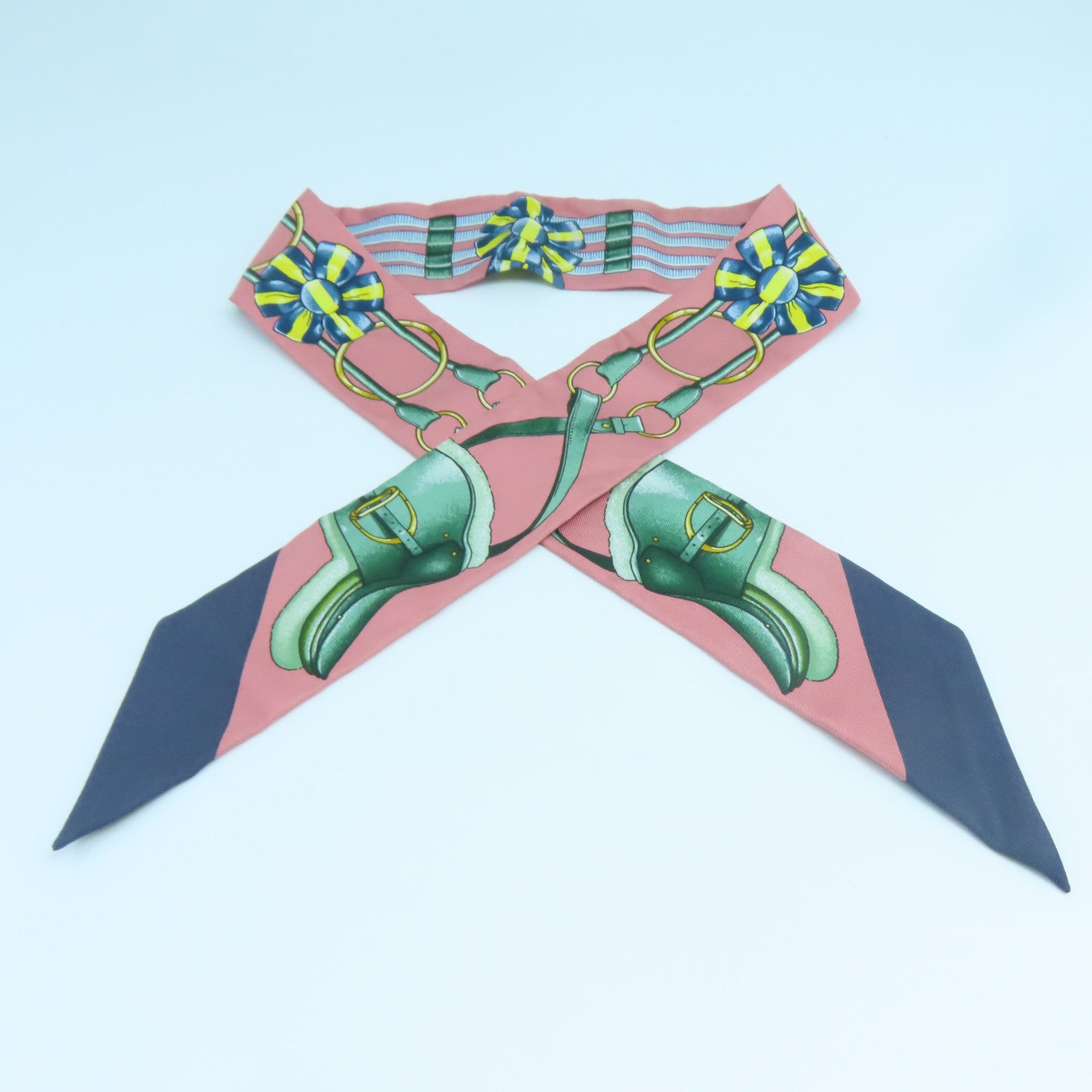 HERMES 絲質Twilly絲巾粉紅色藍色綠色
