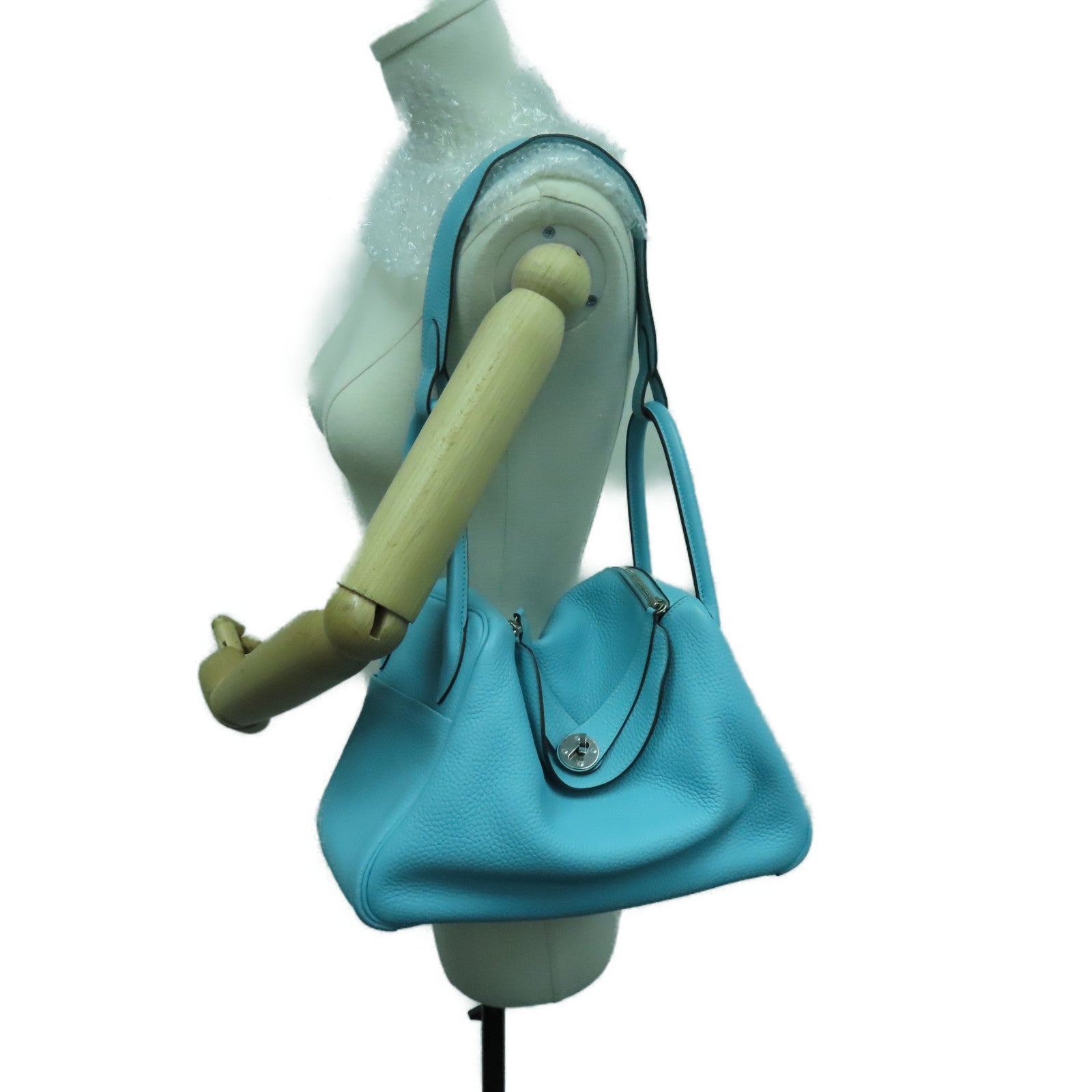 HERMES Clemence皮革Lindy 30银扣手挽肩背两用袋Bleu Atoll蓝色