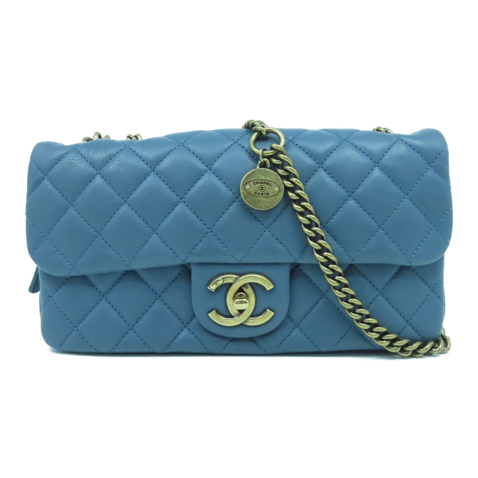 CHANEL 菱格牛皮皮革Chain Shoulder金扣鏈帶肩背袋藍色