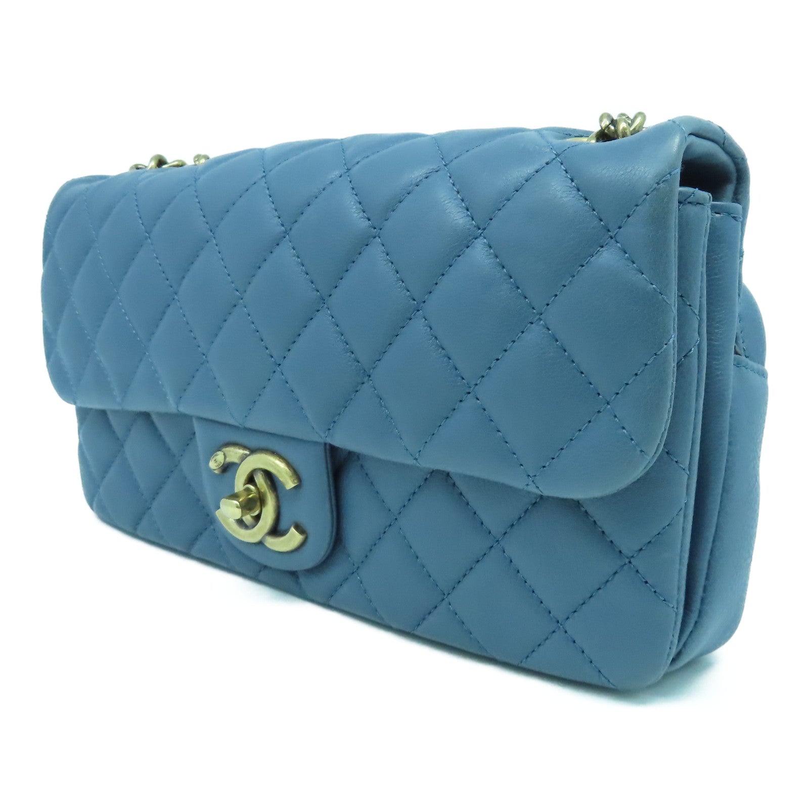 CHANEL 菱格牛皮皮革Chain Shoulder金扣鏈帶肩背袋藍色