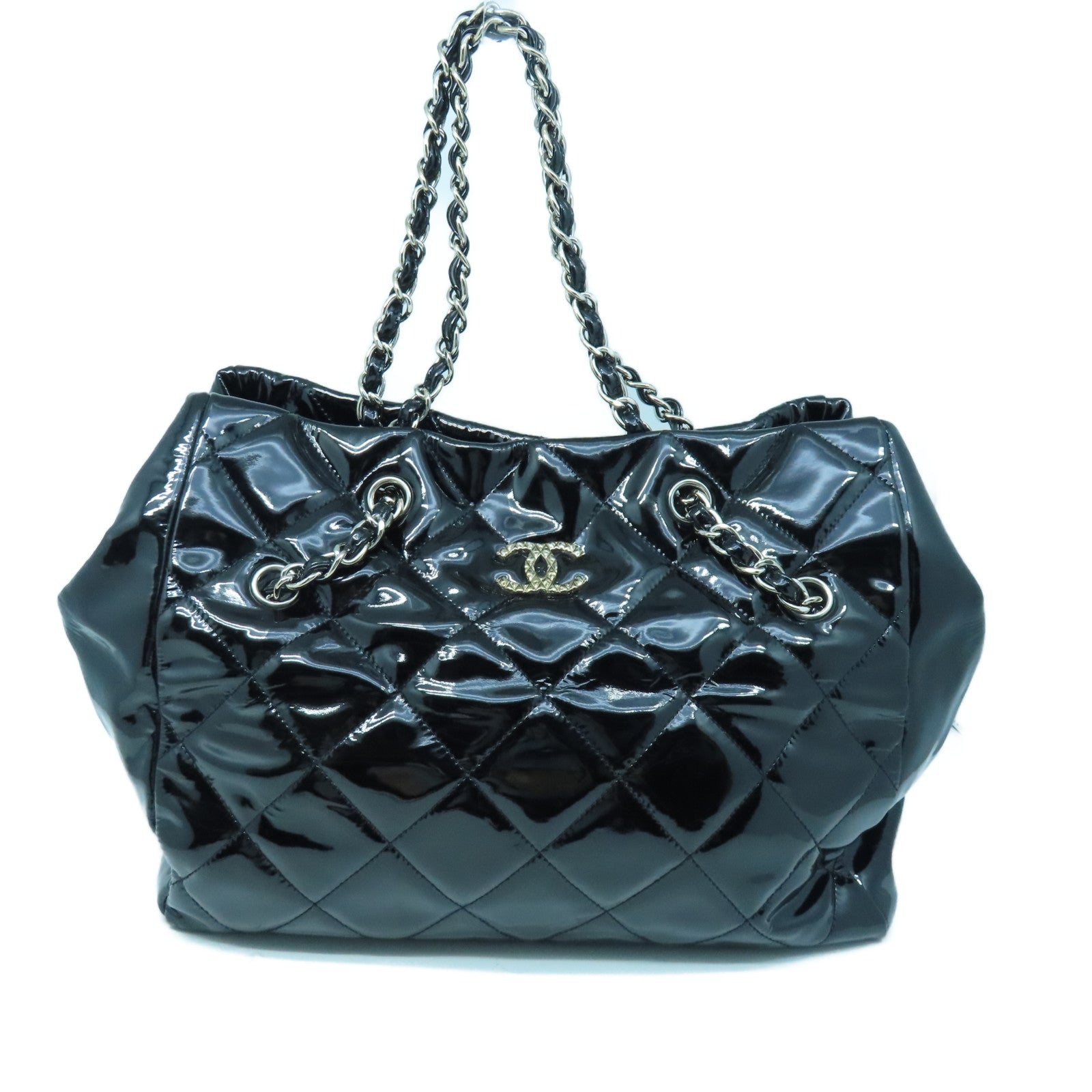 CHANEL 菱格漆皮皮革Shoulder Bag銀扣鏈帶肩背袋黑色