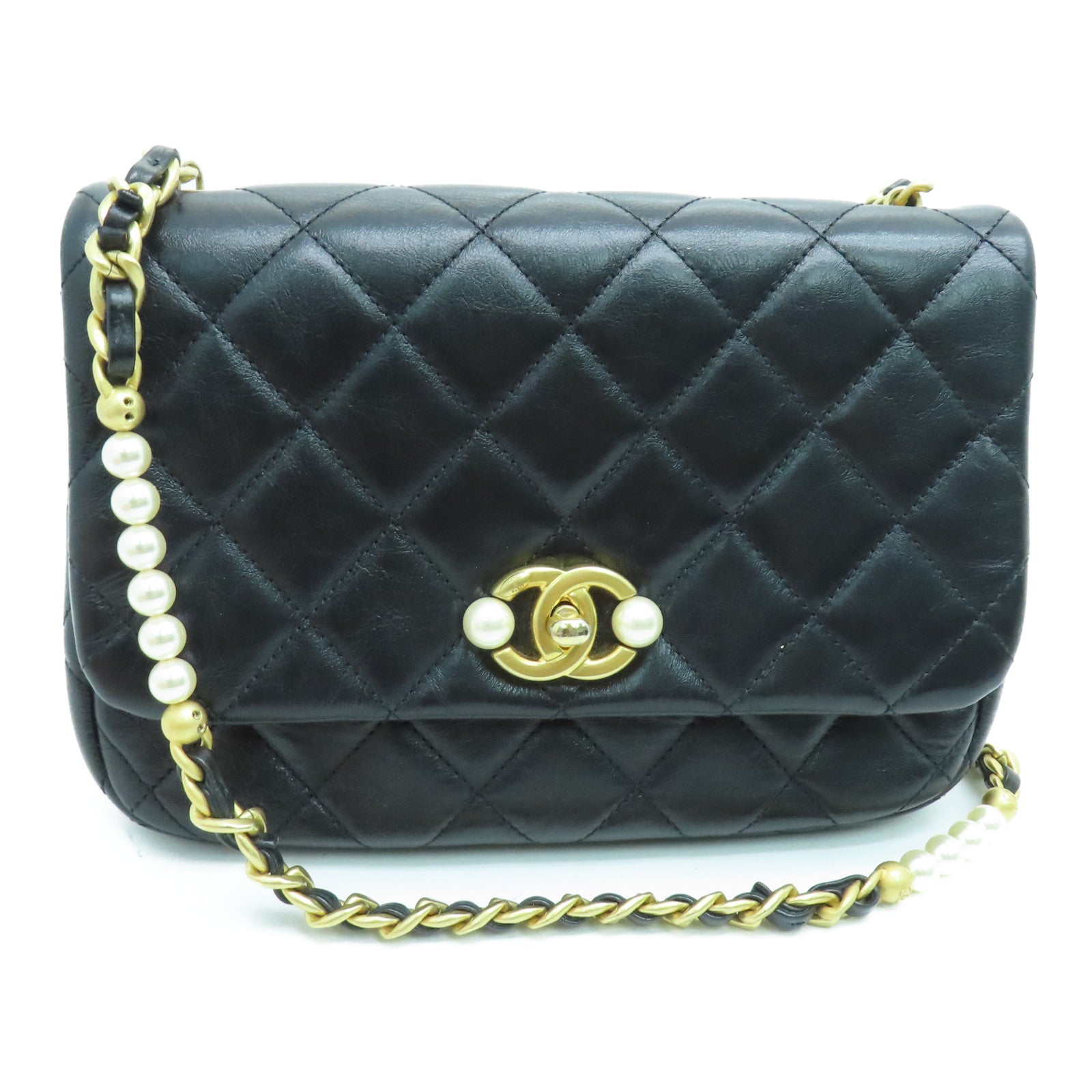 CHANEL 菱格牛皮皮革Chain Shoulder金扣链带肩背袋黑色