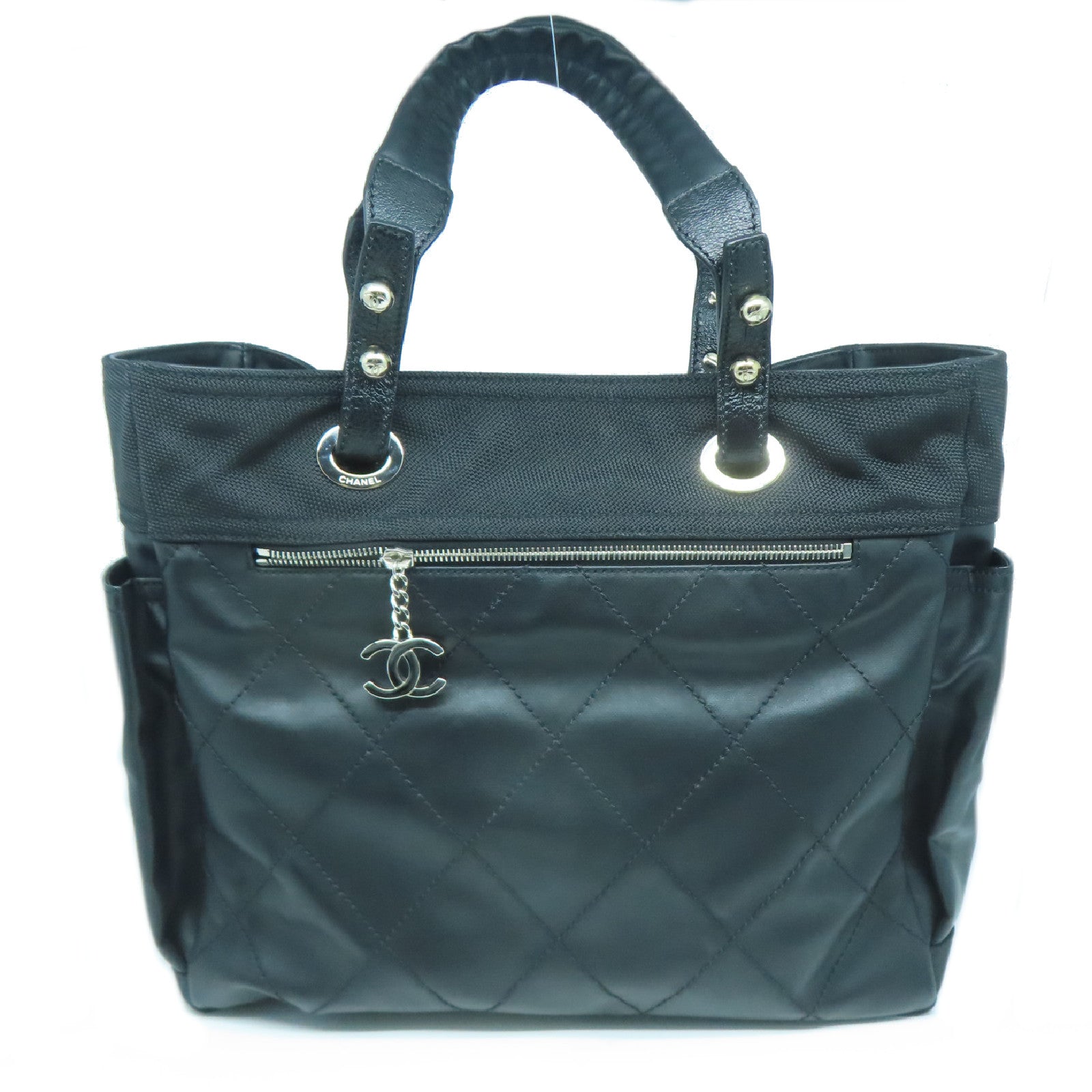 CHANEL 菱格牛皮皮革/帆布Tote Bag銀扣肩背袋黑色