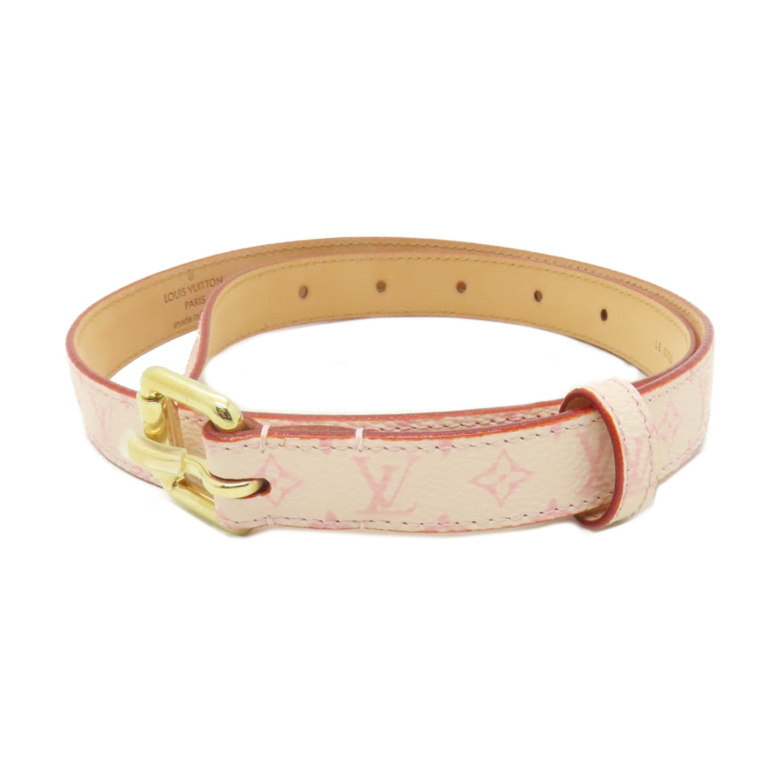 LOUIS VUITTON Monogram/皮革Cherry Blossom Ceinture金扣皮帶粉紅色