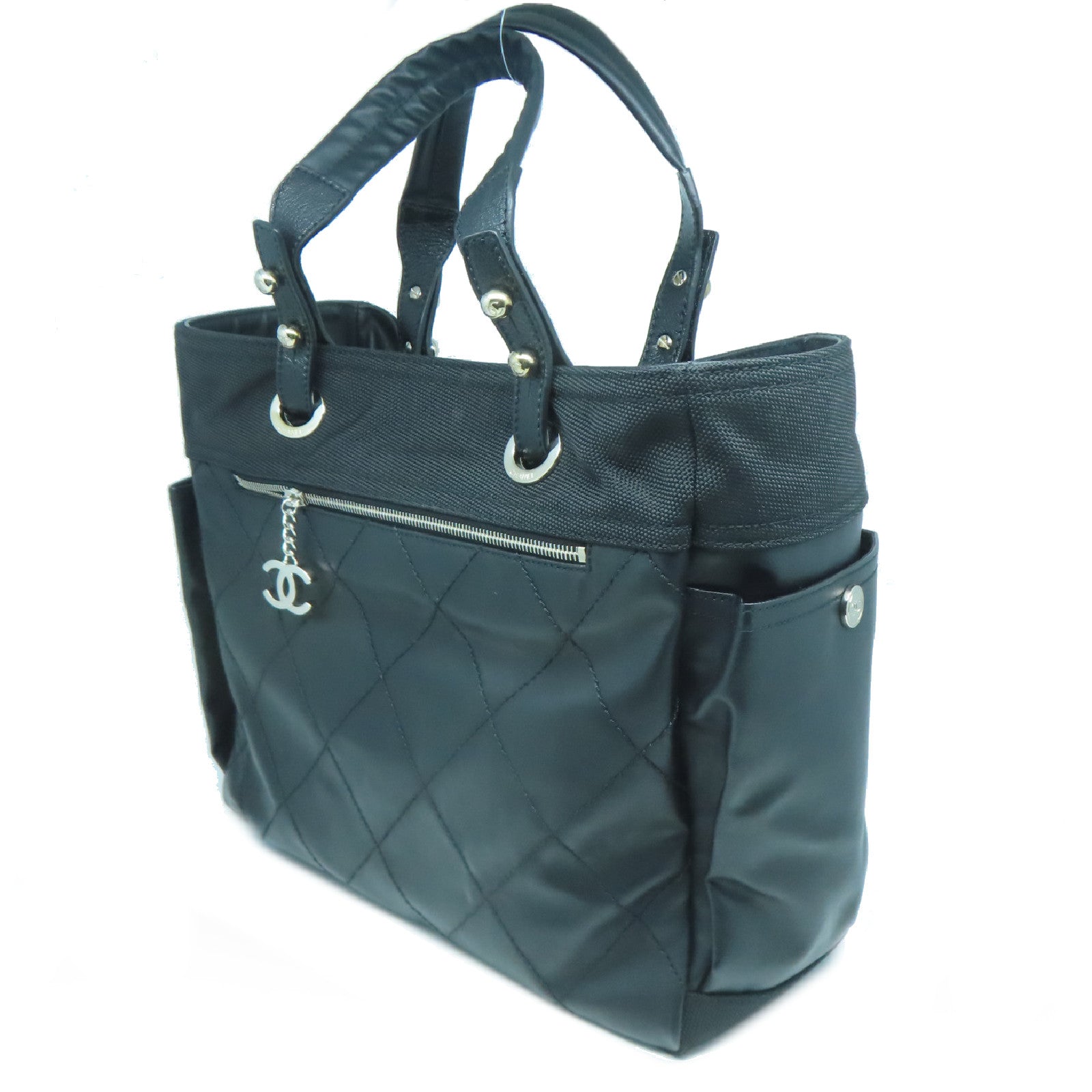 CHANEL 菱格牛皮皮革/帆布Tote Bag銀扣肩背袋黑色