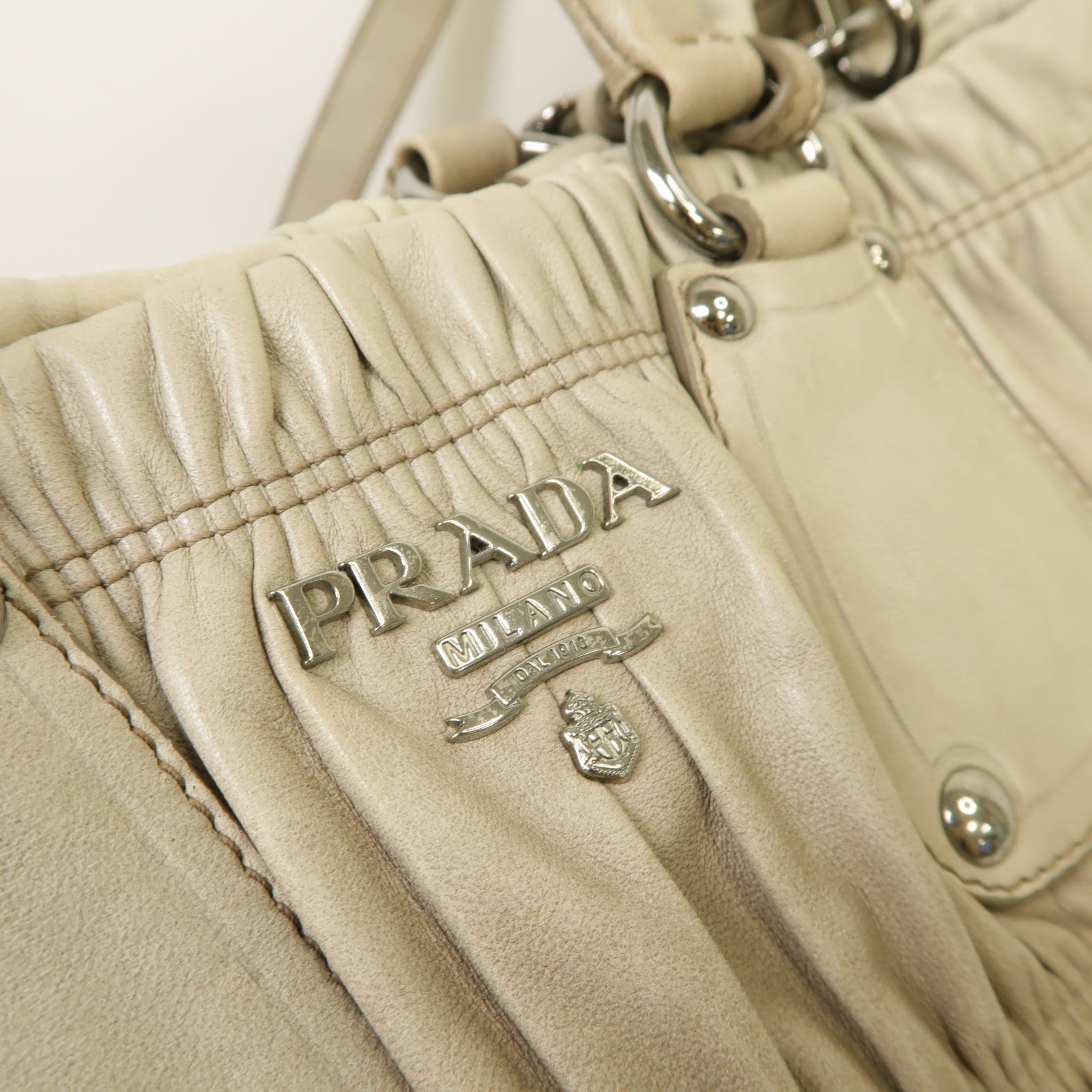 PRADA 羊皮皮革2 Way Shoulder銀扣手挽肩背兩用袋白色/灰色