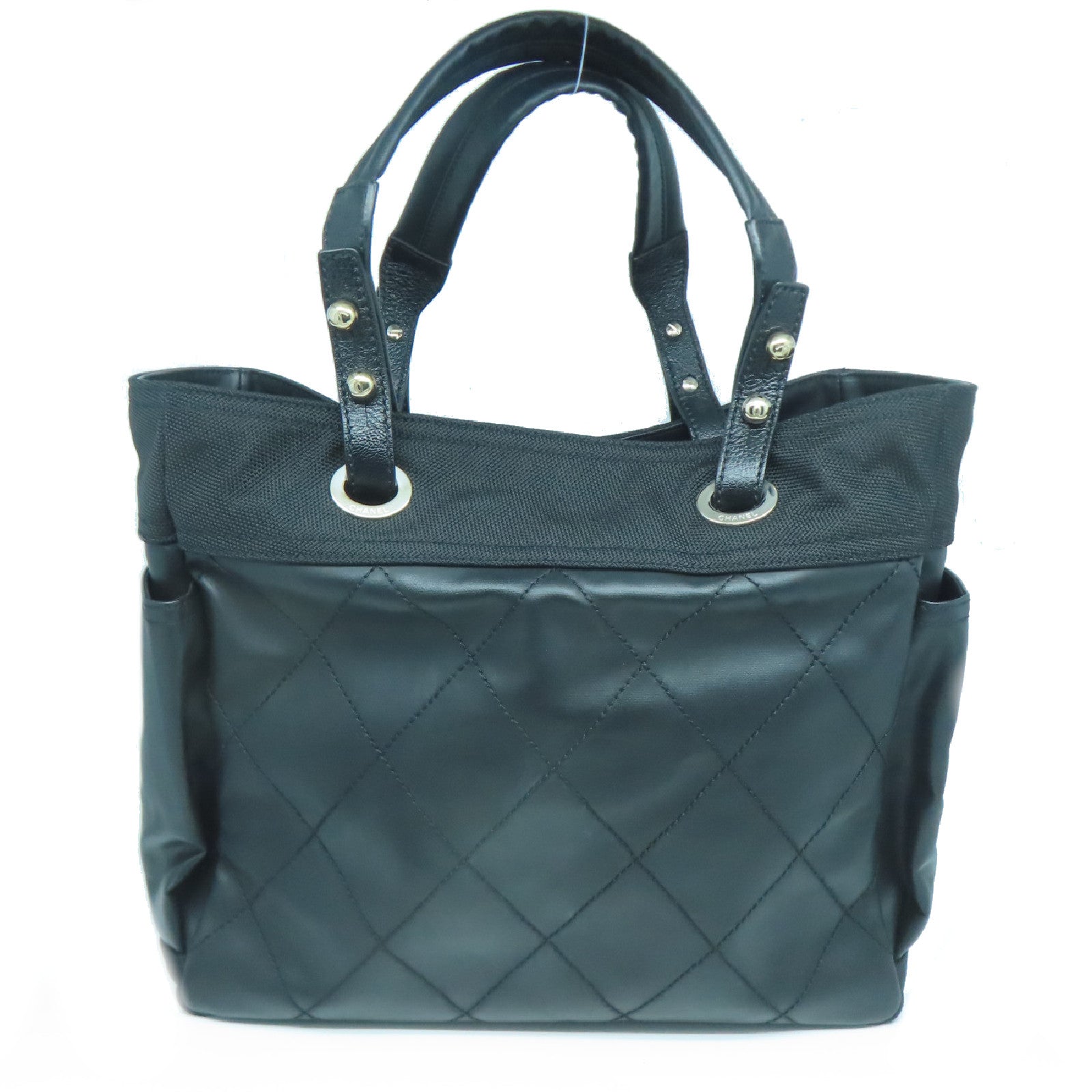 CHANEL 菱格牛皮皮革/帆布Tote Bag銀扣肩背袋黑色