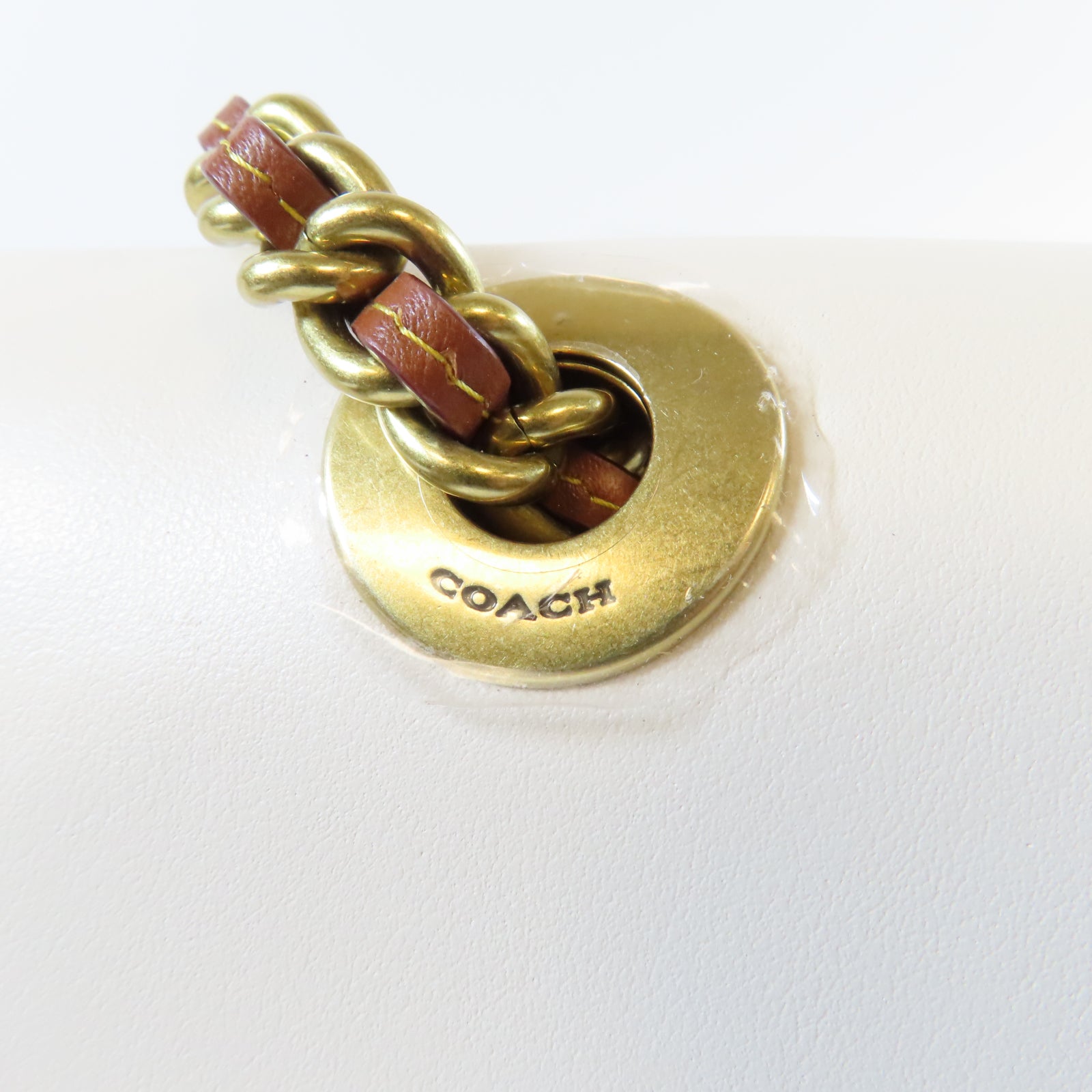 COACH 牛皮皮革/塗層帆布Chain Shoulder金扣鏈帶肩背袋白色/啡色