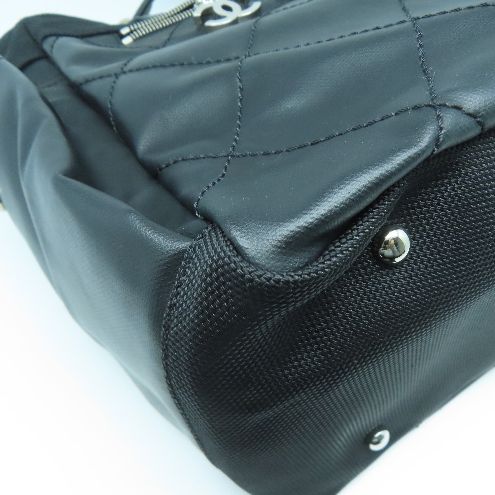CHANEL 菱格牛皮皮革/帆布Tote Bag銀扣肩背袋黑色