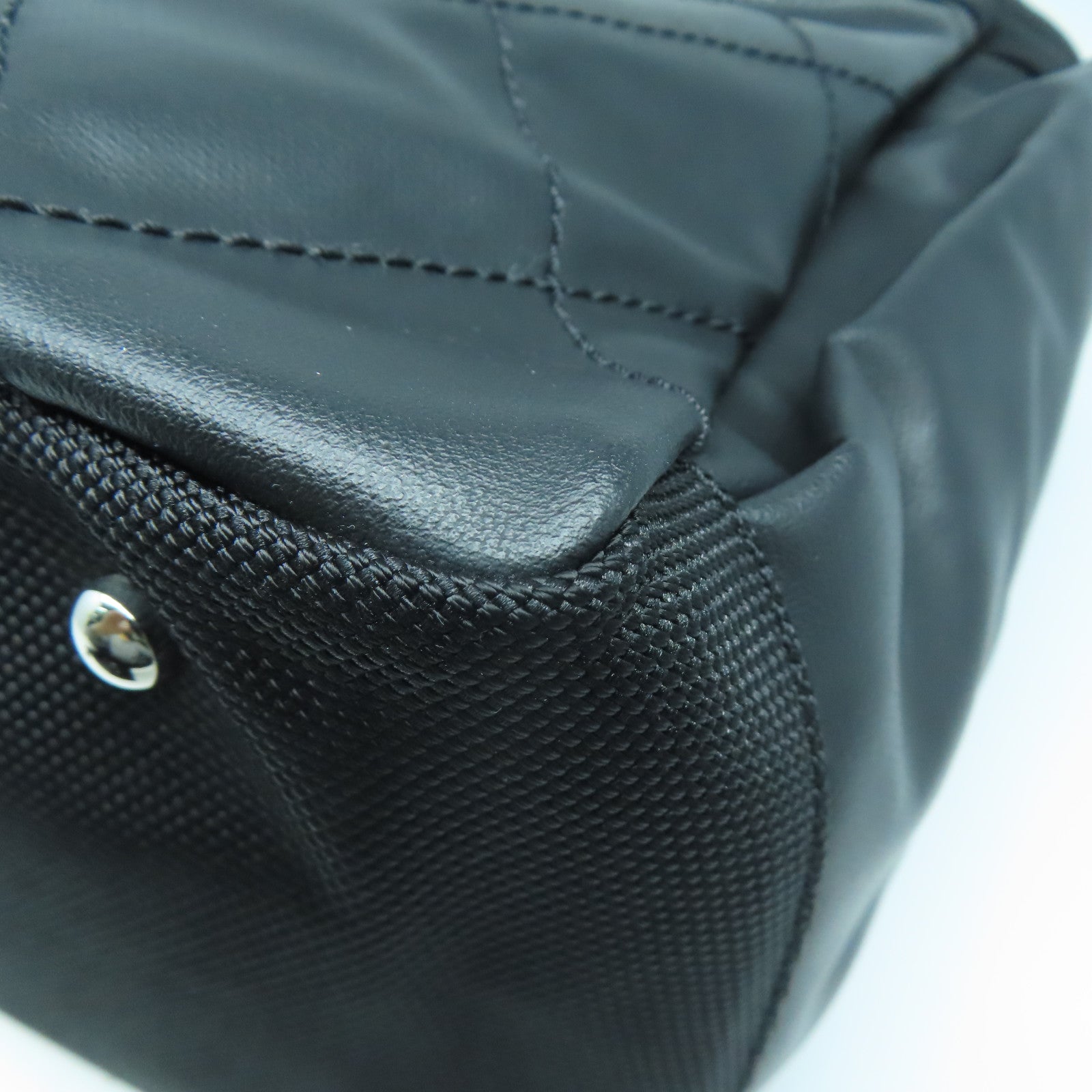 CHANEL 菱格牛皮皮革/帆布Tote Bag銀扣肩背袋黑色