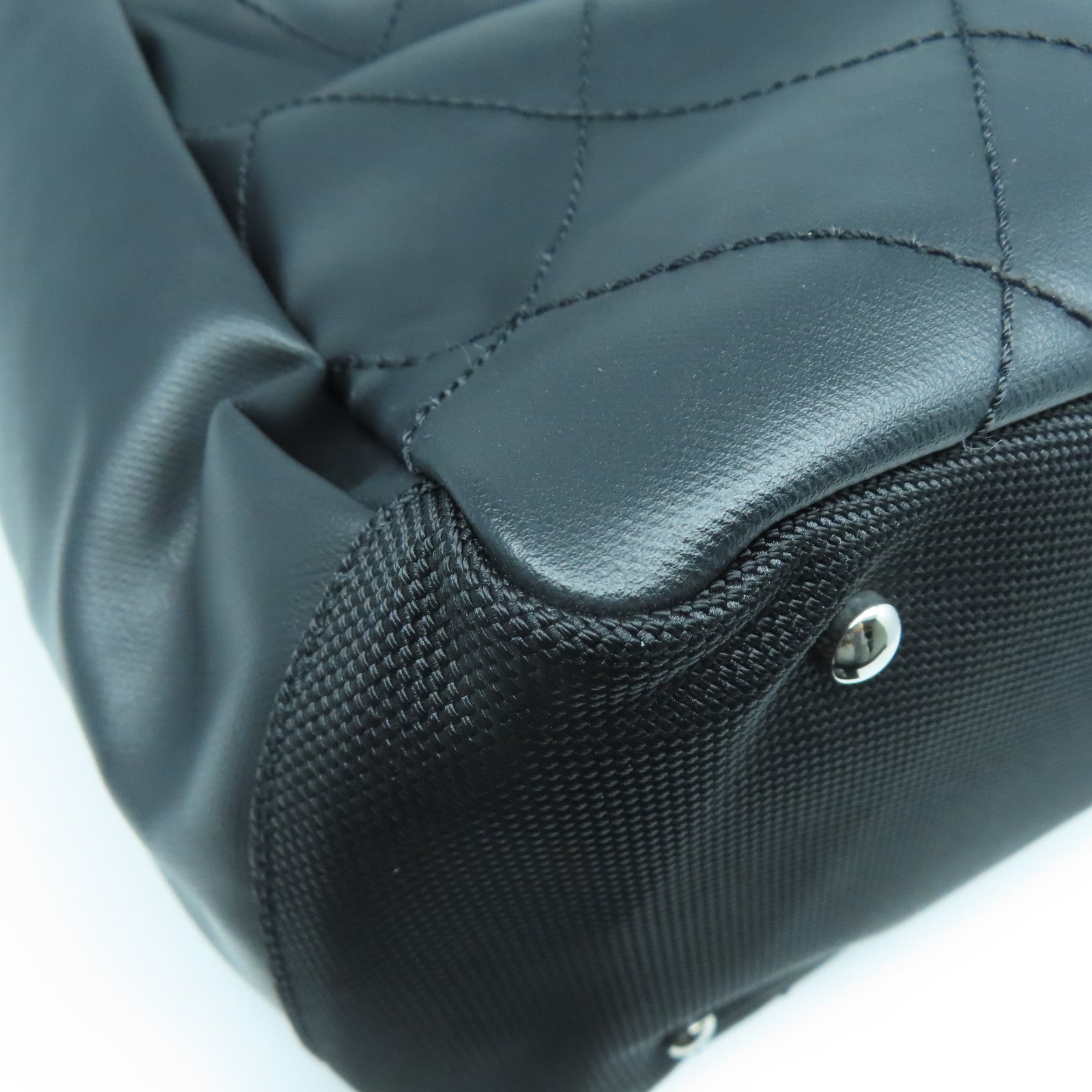 CHANEL 菱格牛皮皮革/帆布Tote Bag銀扣肩背袋黑色