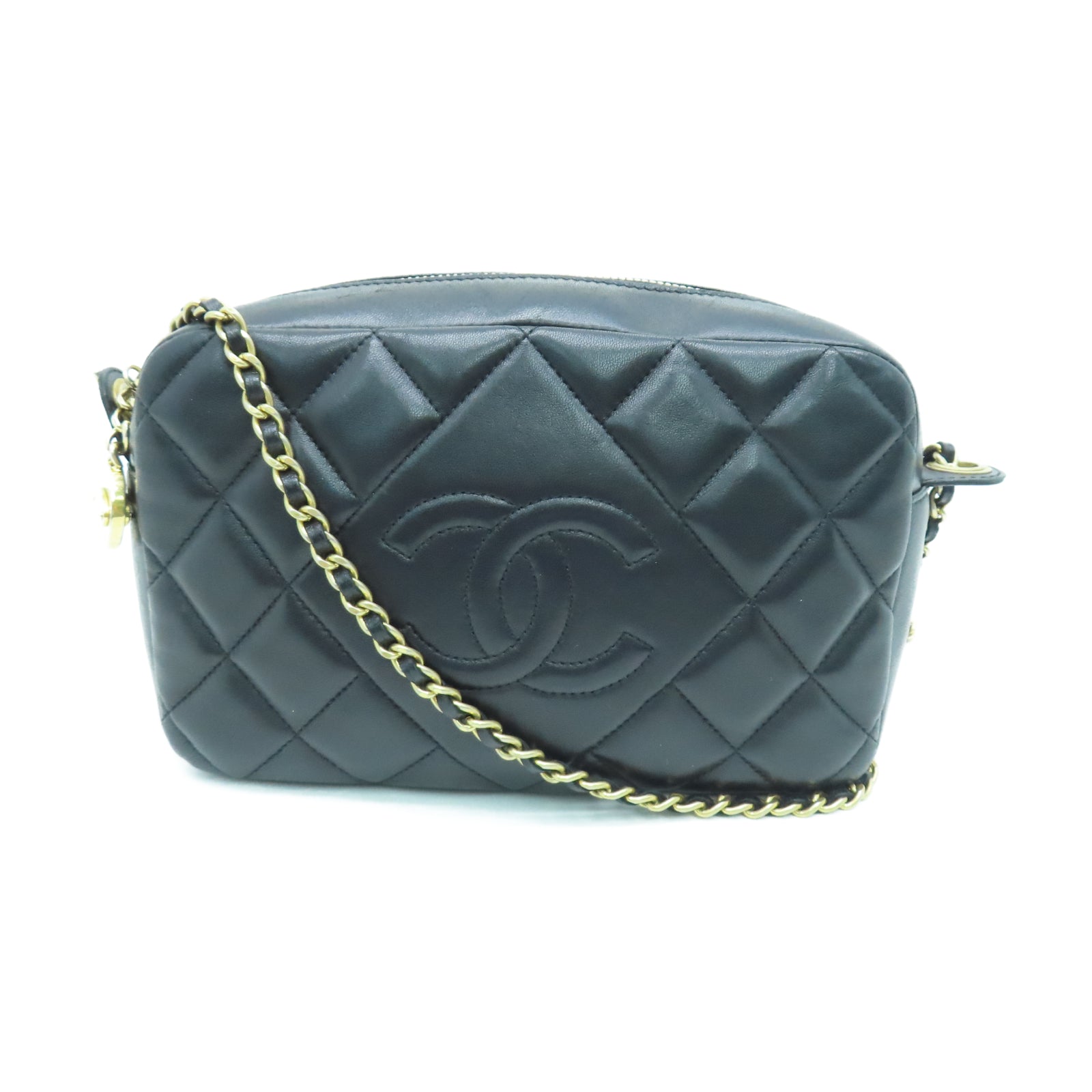 CHANEL 菱格羊皮皮革Camera Bag金扣鏈帶肩背袋黑色