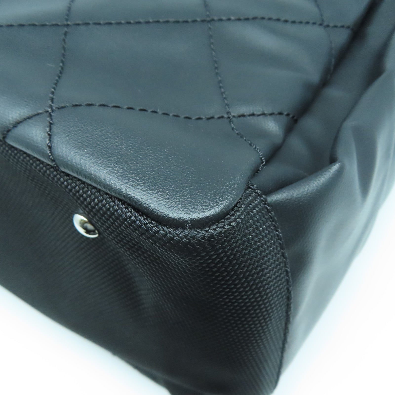 CHANEL 菱格牛皮皮革/帆布Tote Bag銀扣肩背袋黑色