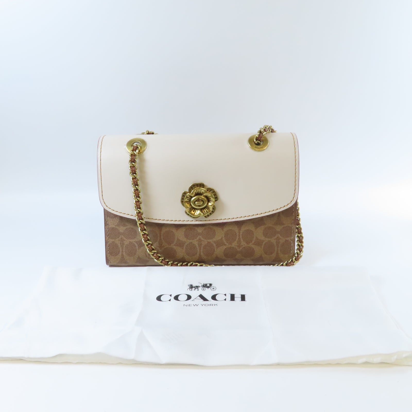 COACH 牛皮皮革/塗層帆布Chain Shoulder金扣鏈帶肩背袋白色/啡色