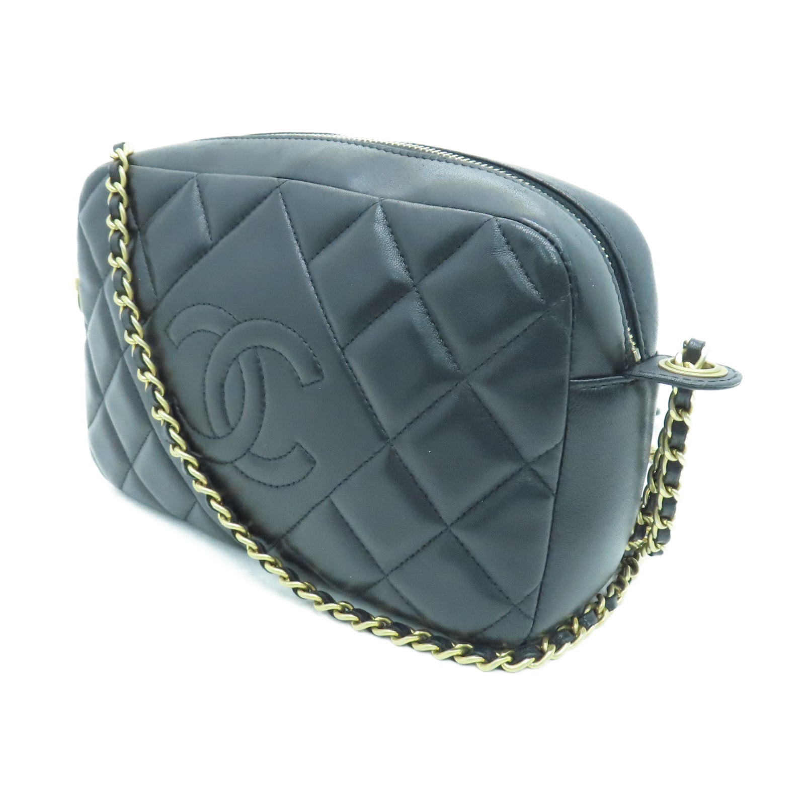 CHANEL 菱格羊皮皮革Camera Bag金扣鏈帶肩背袋黑色