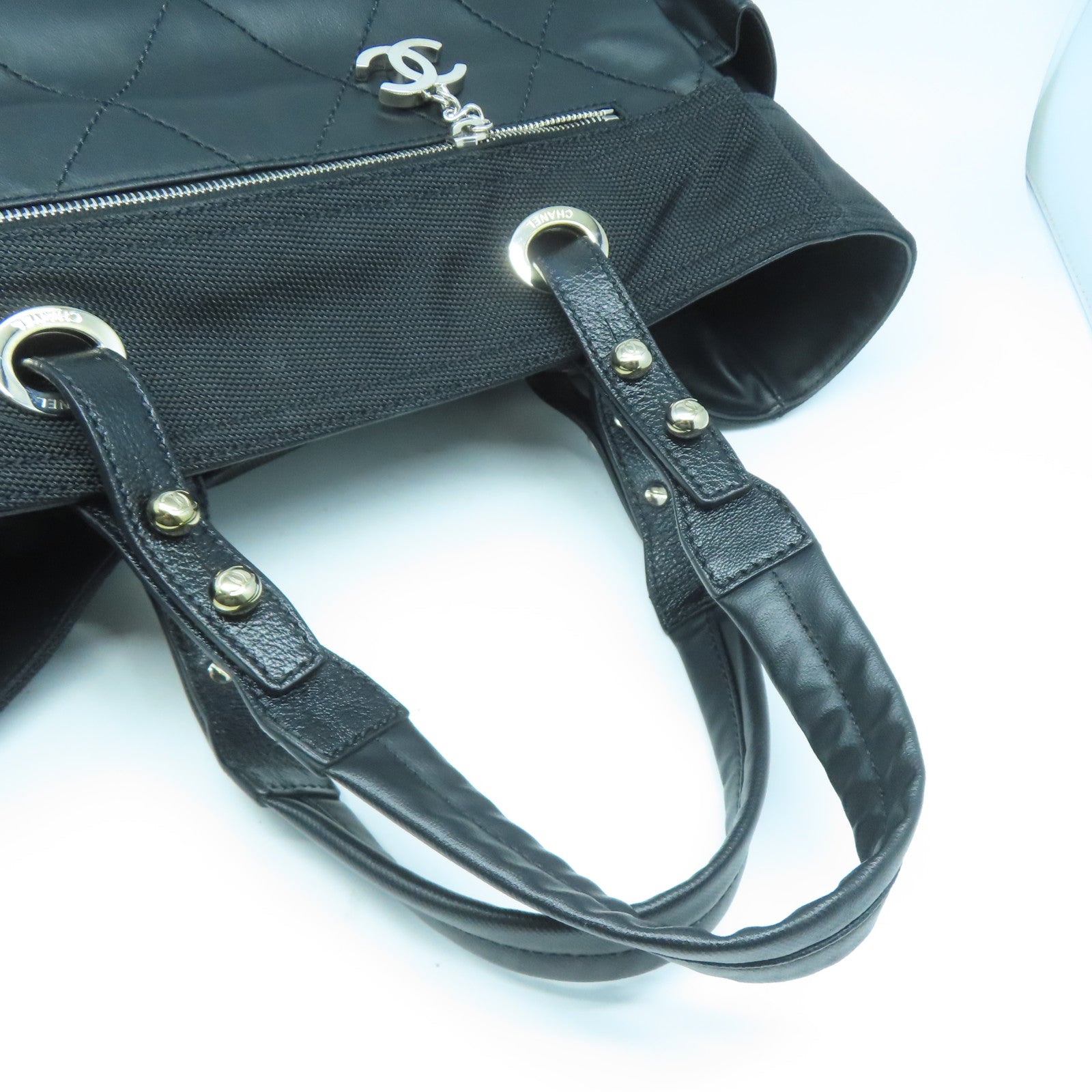 CHANEL 菱格牛皮皮革/帆布Tote Bag銀扣肩背袋黑色