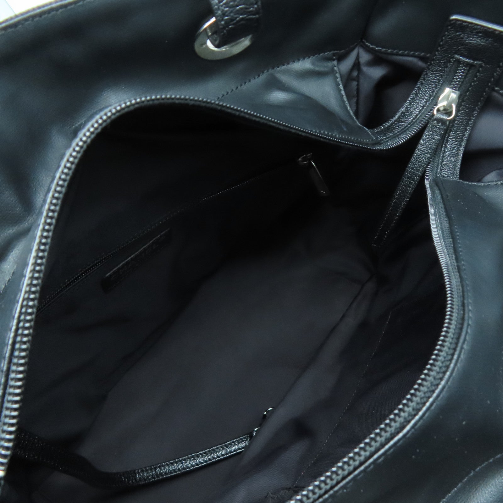 CHANEL 菱格牛皮皮革/帆布Tote Bag銀扣肩背袋黑色