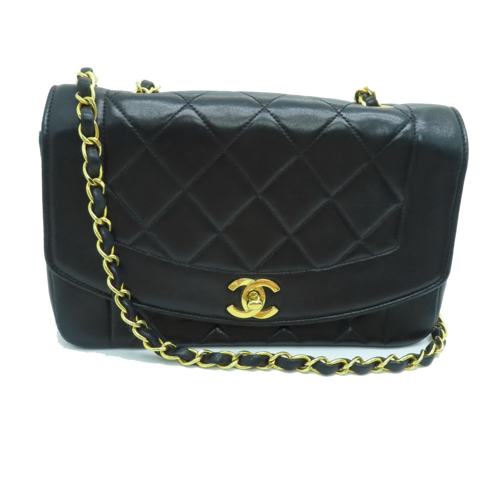 CHANEL 菱格羊皮皮革Diana Chain Shoulder金扣鏈帶肩背袋黑色