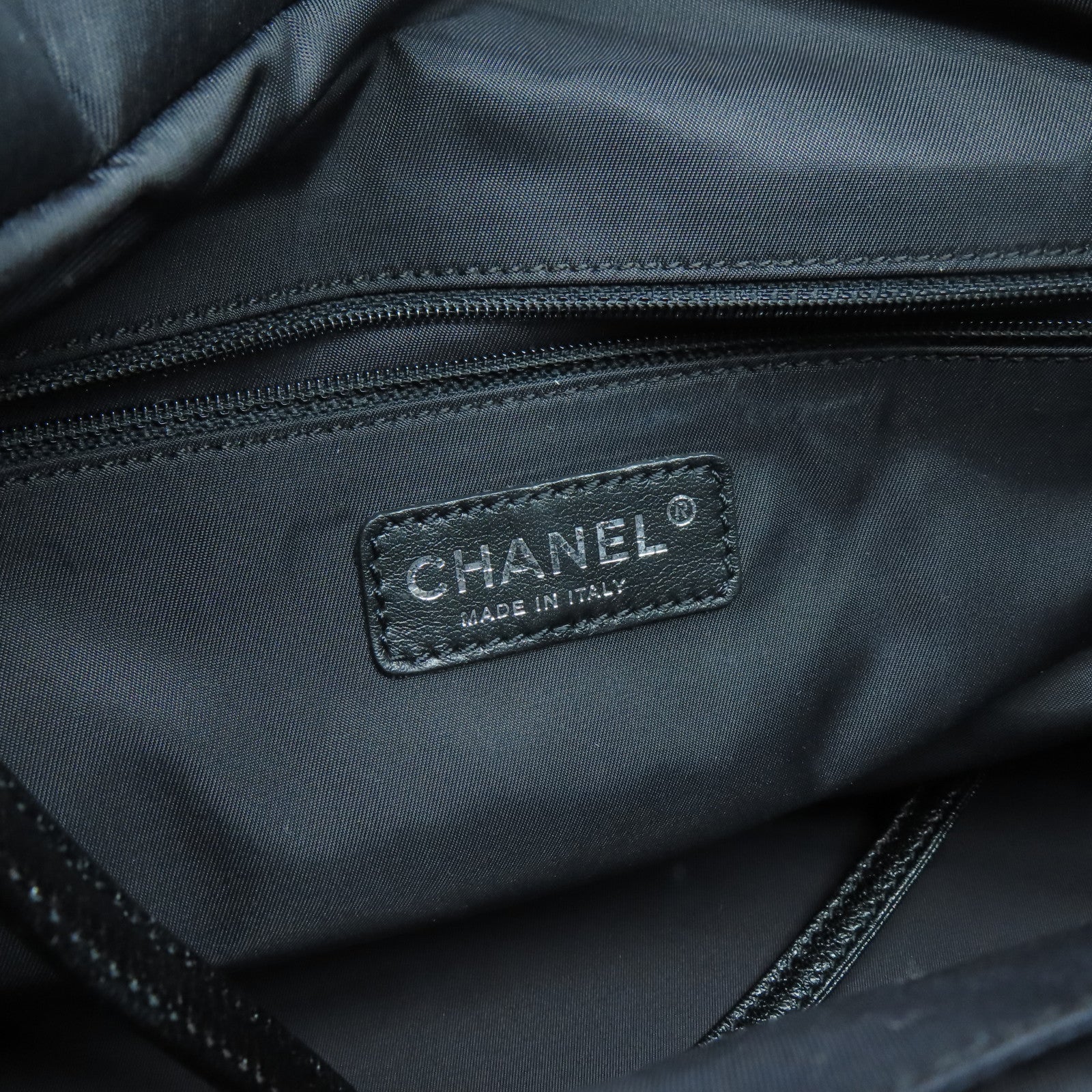 CHANEL 菱格牛皮皮革/帆布Tote Bag銀扣肩背袋黑色