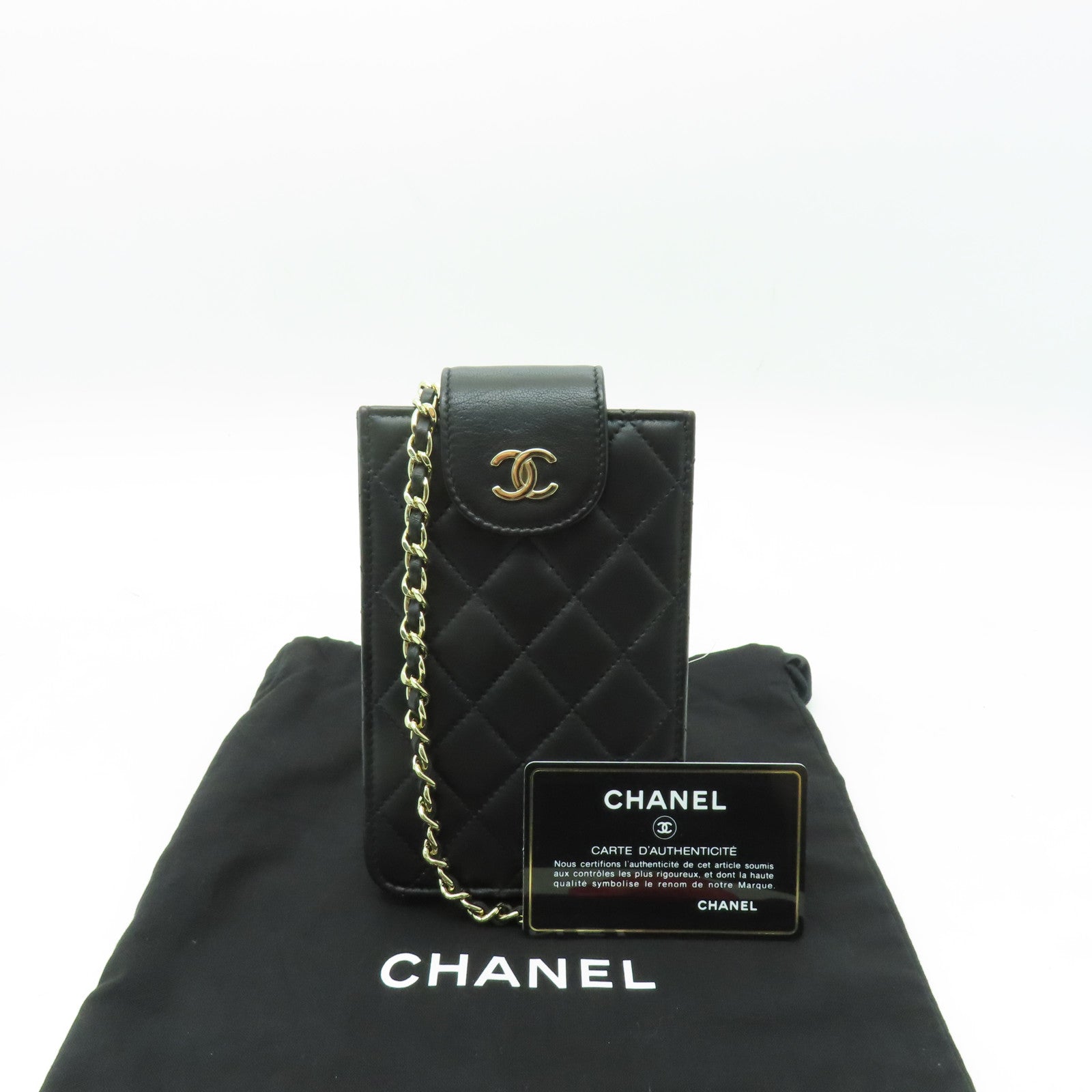 CHANEL 菱格羊皮皮革Chain Shoulder金扣鏈帶手機袋黑色