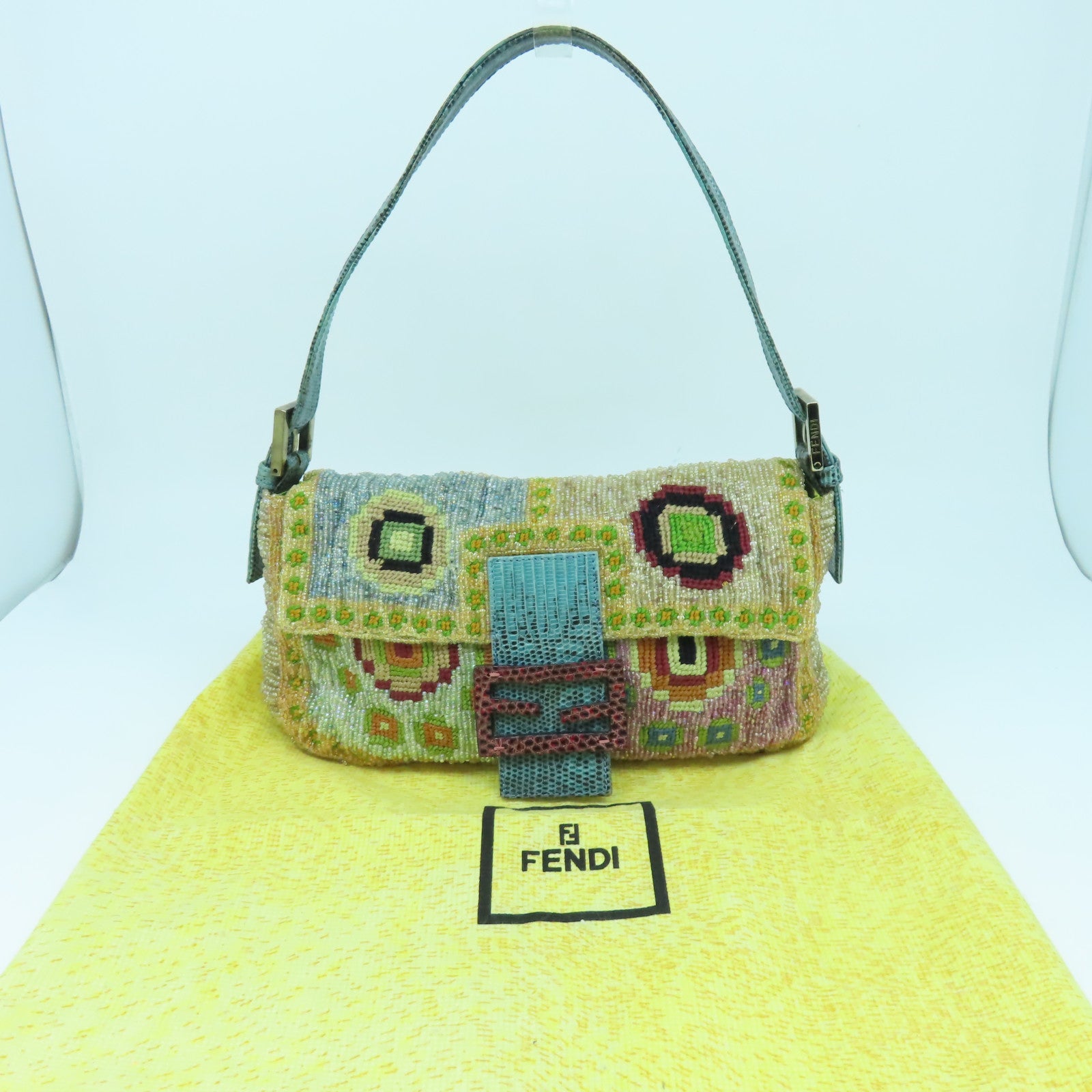 FENDI 珠子/蜥蝪皮革Shoulder Bag金扣/銀扣肩背袋彩色